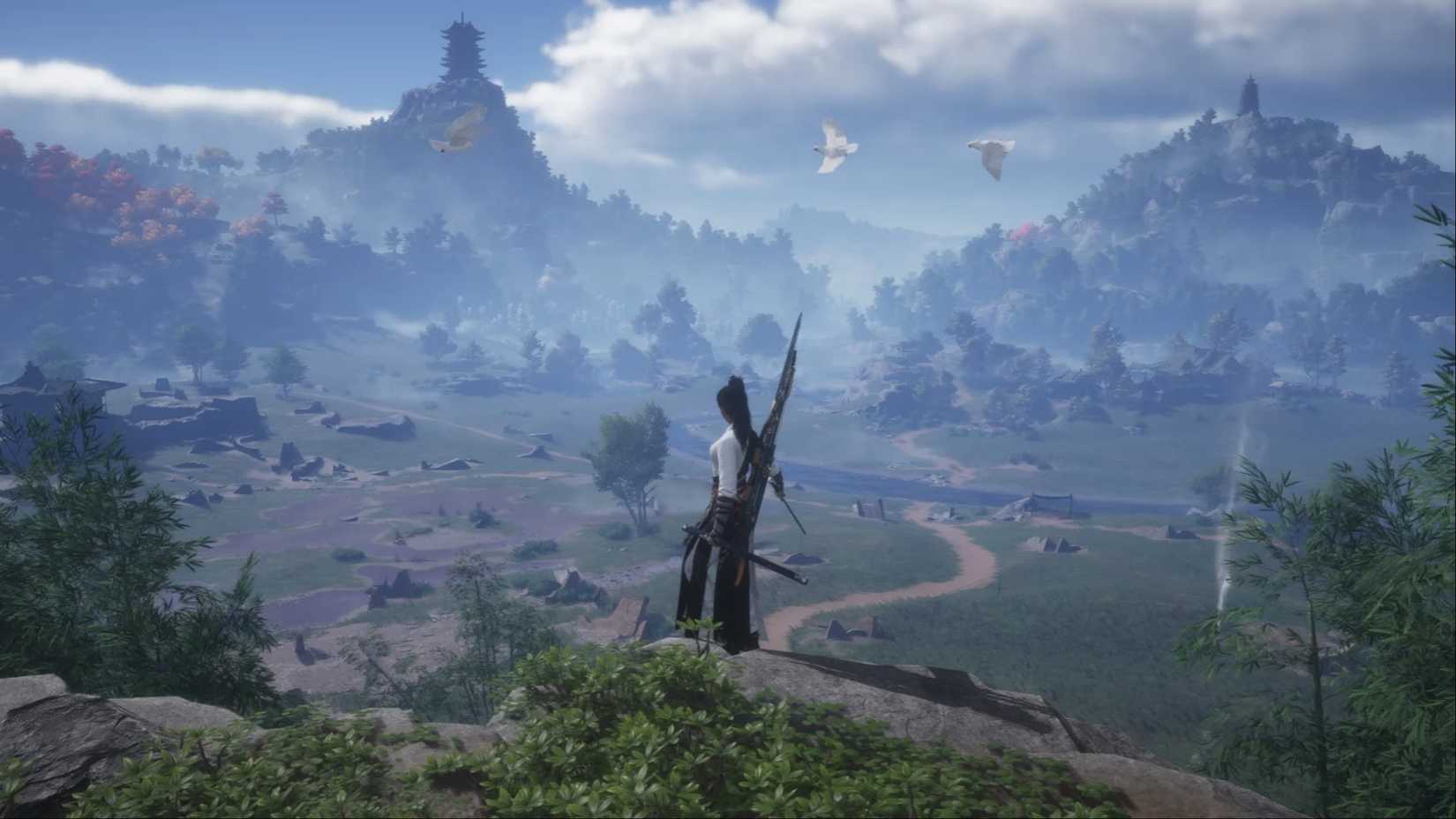 The protagonist standing on an elevated ledge, looking across a vast valley in Where Winds Meet.