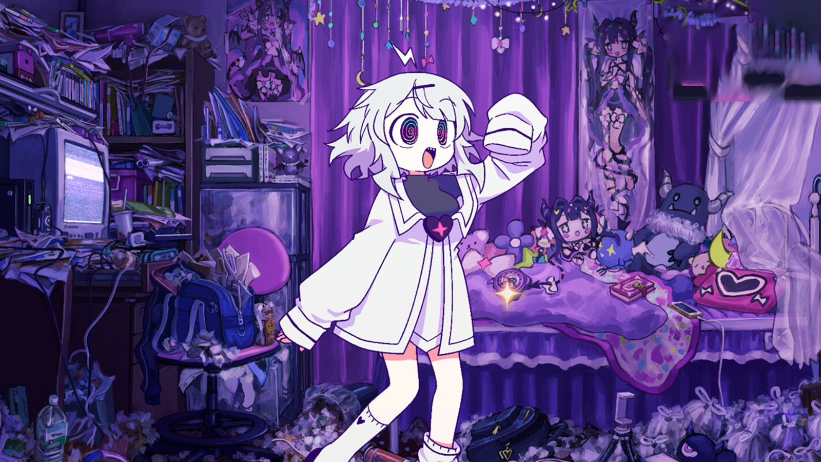 the female mc from yunyun syndrome set against the backdrop of a very messy bedroom.