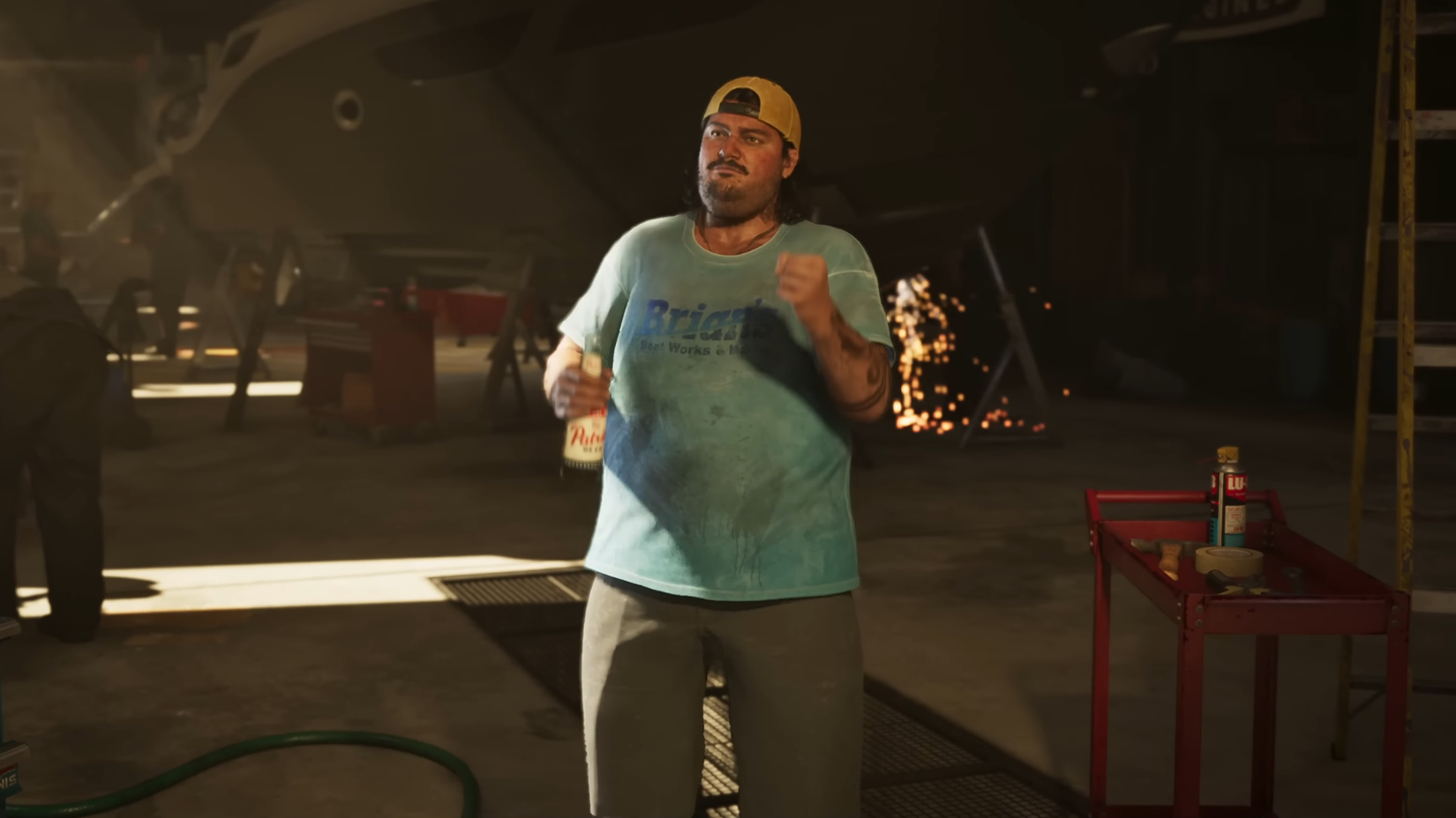 Carl Hampton looking stoic in front of a plane in GTA 6.