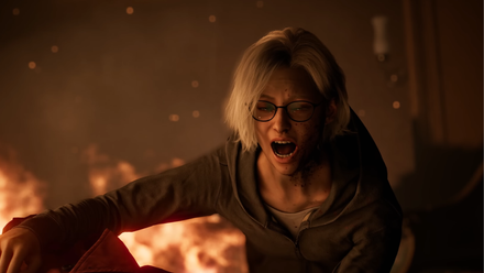 Resident Evil's Requiem Grace Ashcroft screams in front of a fiery backdrop.