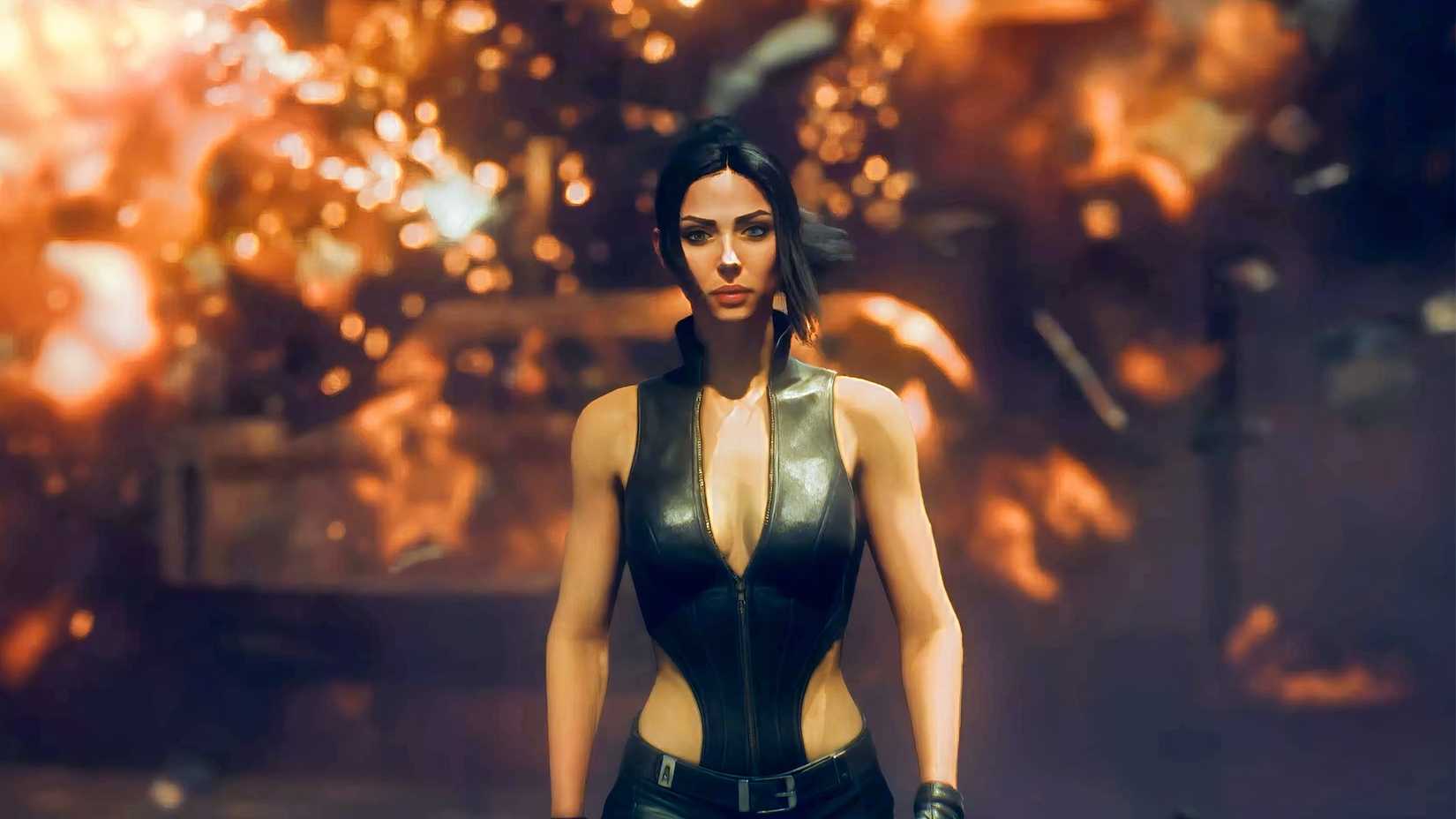Julia Black from mindseye's latest update in front of an explosion.