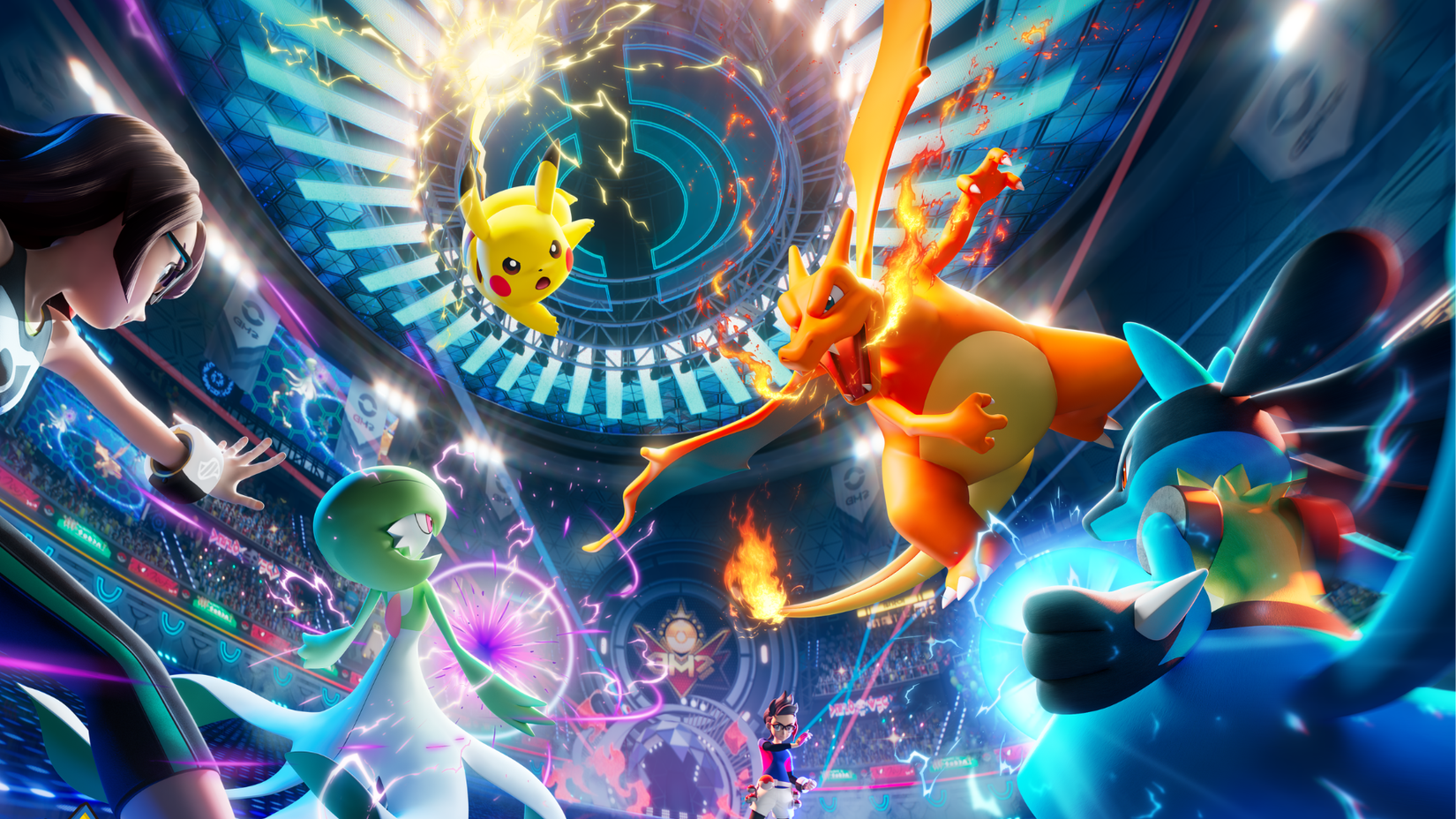 Charizard, pikachu, gardevoir, and lucario from pokemon champions.
