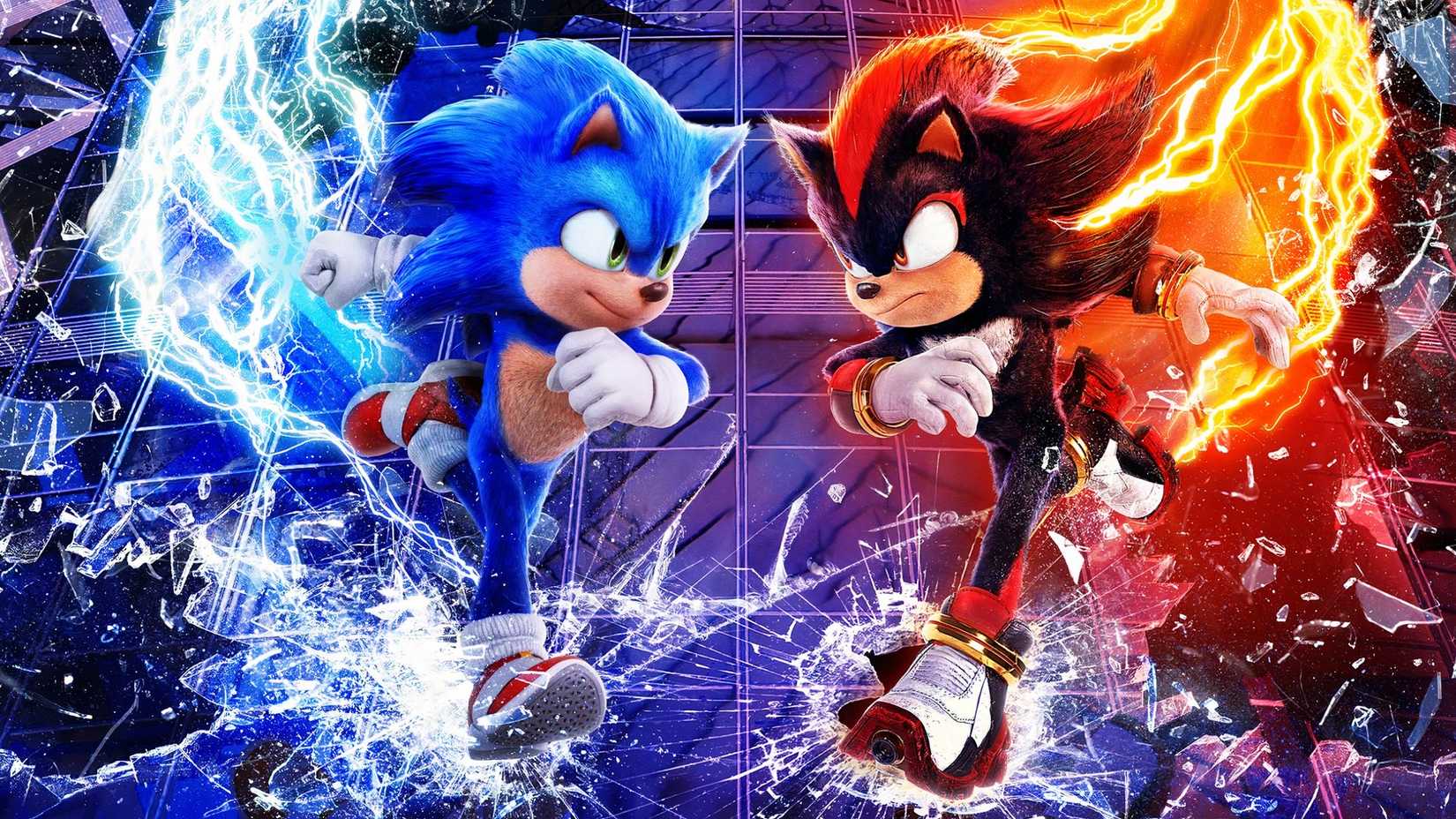 A poster for the Sonic 3 movie, showing a stand off between Sonic and Shadow.