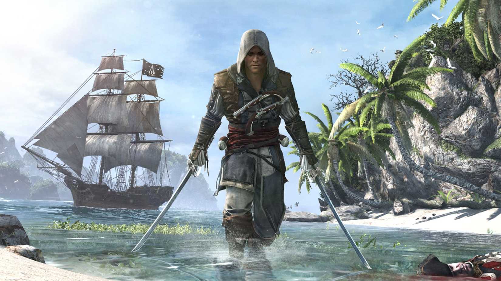 A screenshot from the original Assassin's Creed Black Flag, showing a man emerging from the water brandishing a double sword.