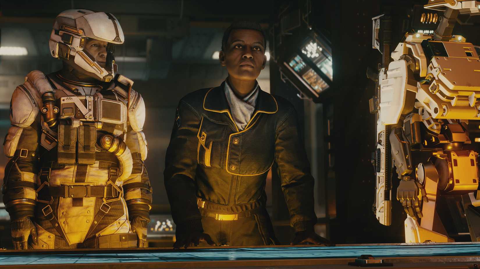 A screenshot from the Starfield DLC, Terran Armada, showing a human standing at a table next to an amoured soldier and a robot.