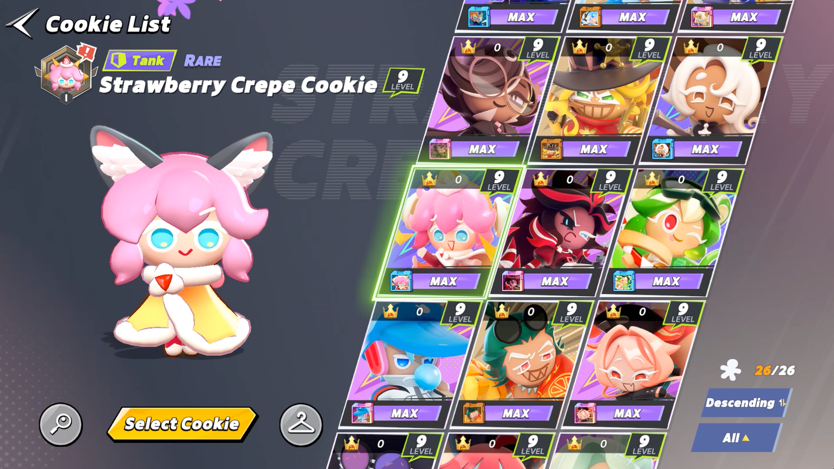 CookieRun OvenSmash Character Selection screen.