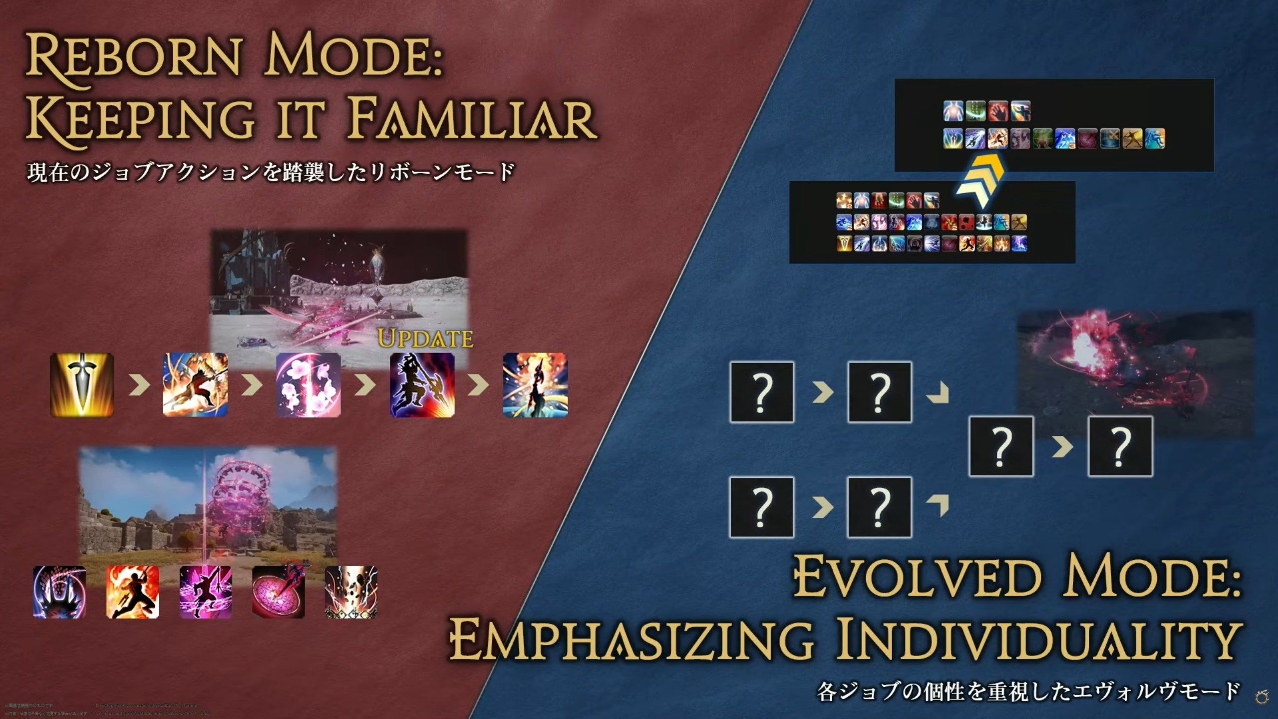 Interface dos modos Reborn e Evolved de empregos em Final Fantasy 14