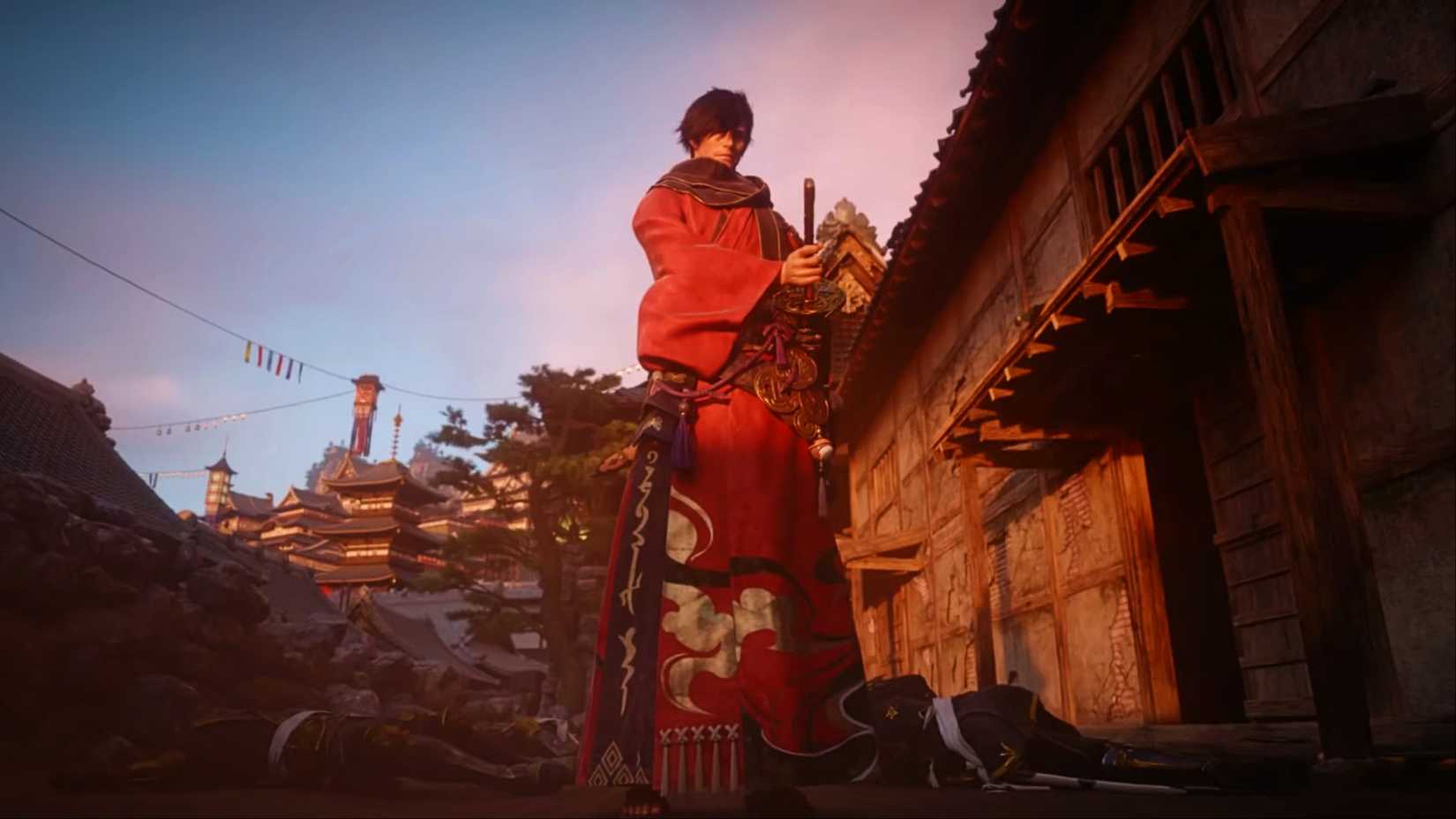 A samurai sheathing his katana after killing an enemy in Final Fantasy 14.
