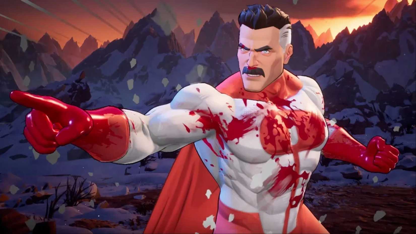 Pointing at his opponent while covered in blood in Omni-Man Invincible VS.