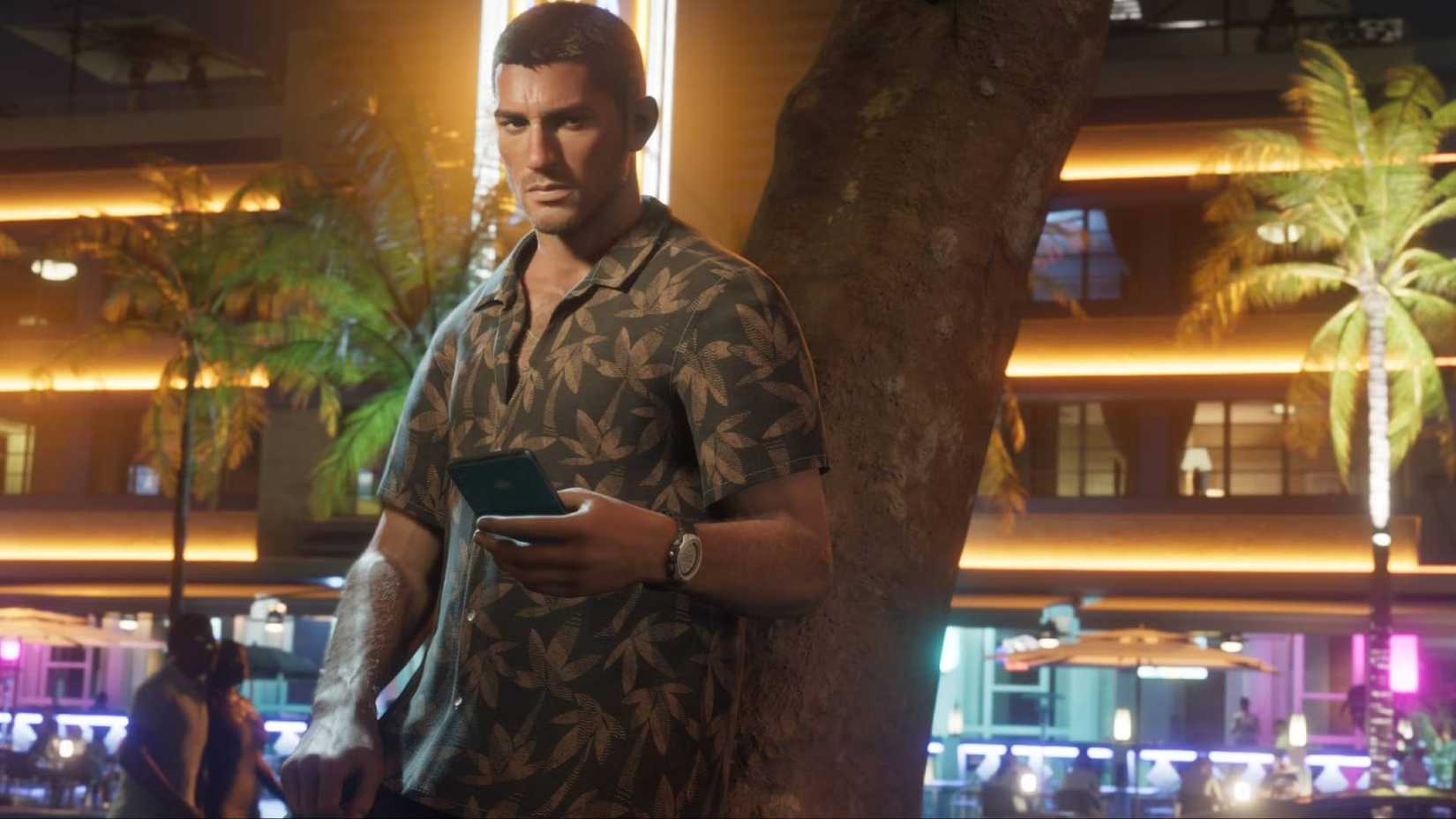 Jason on his phone before the glow of neon lights of neighboring establishments in GTA 6.