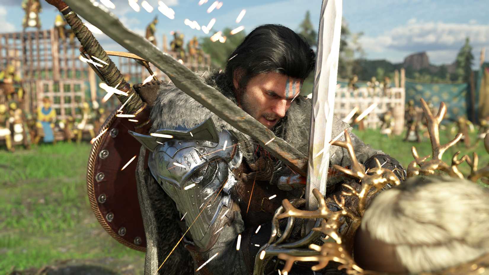 Cliff in the Crimson Desert, where a sword fight is in full swing.