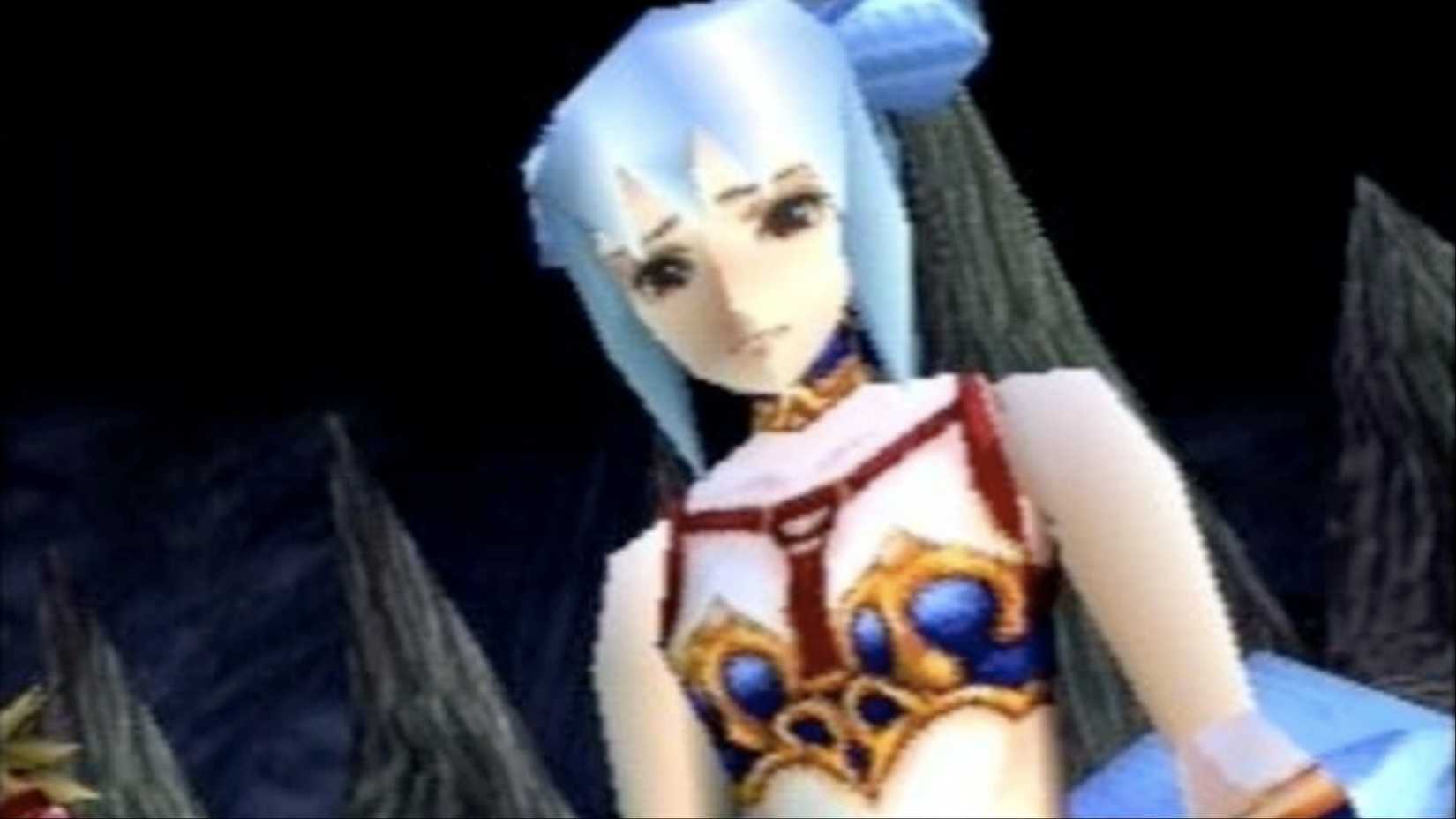 Meru with a pained and evil expression on his face in The Legend of Dragons.