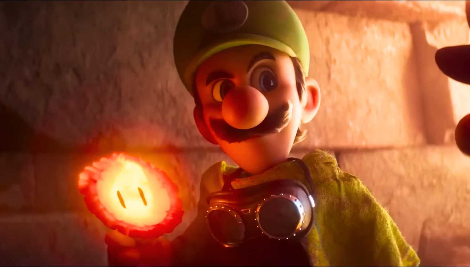 Luigi holding a fire flower in the Super Mario Galaxy movie.