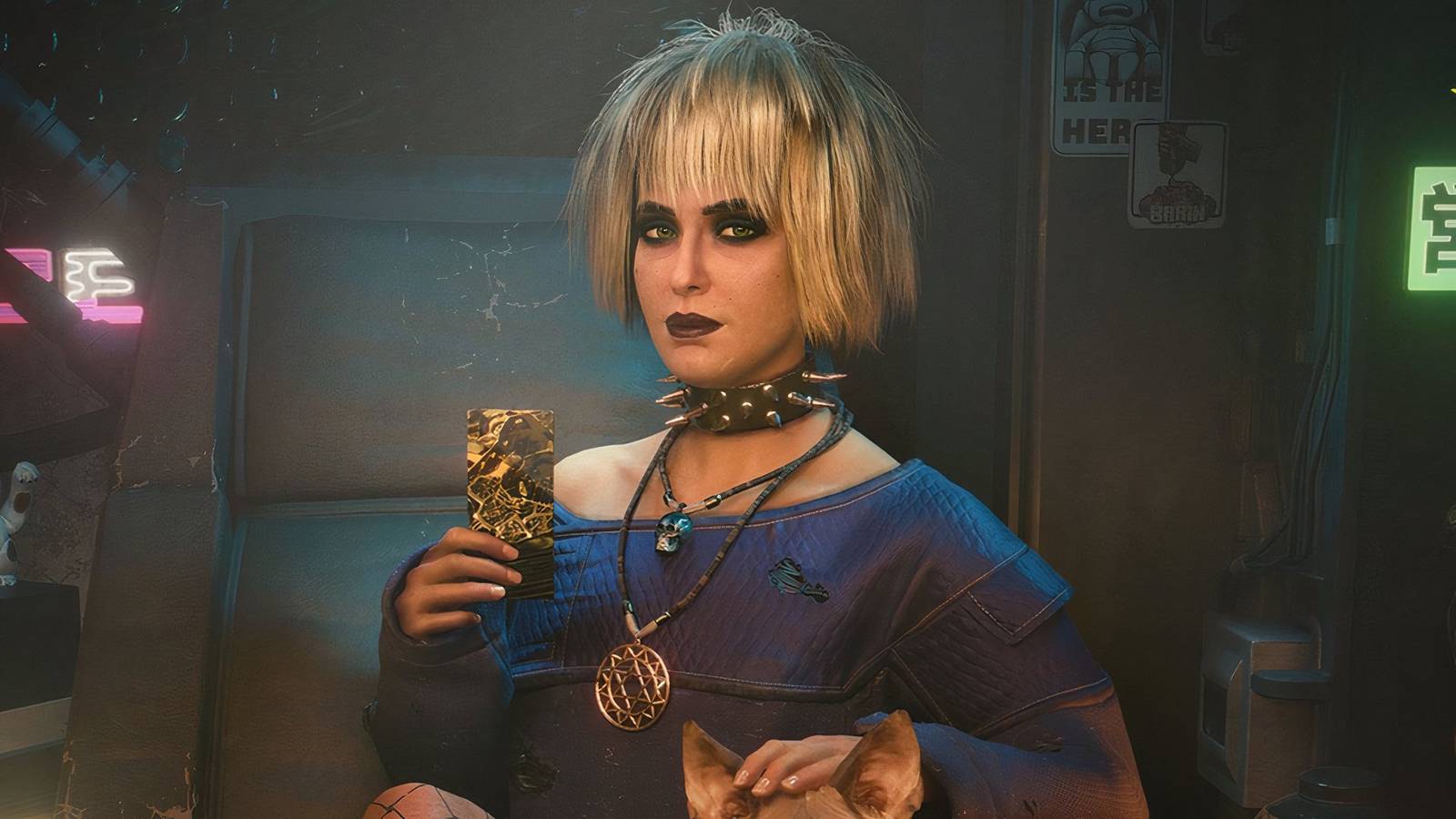 Misty from Cyberpunk 2077, holding a tarot card.