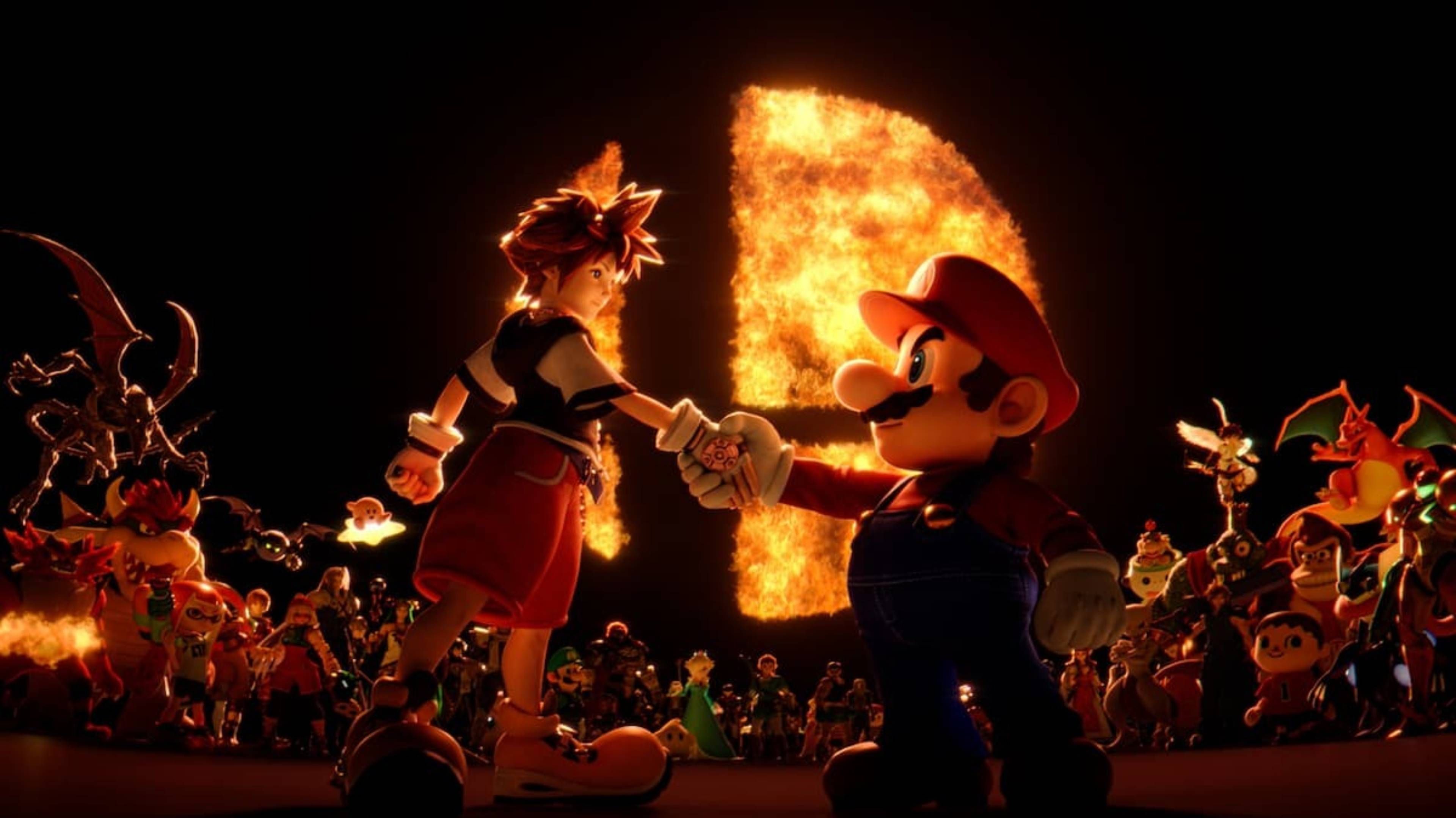 Mario reveals his Smash Bros as he shakes hands with Sora.