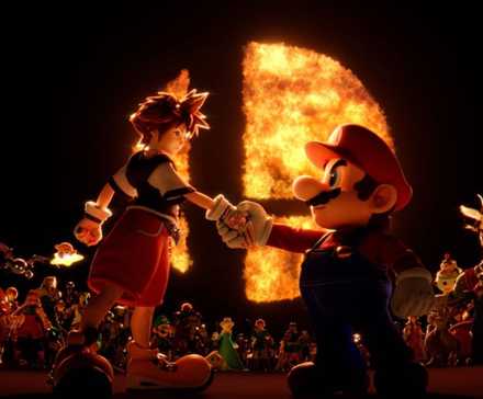 mario shaking hands with sora during his smash bros reveal.