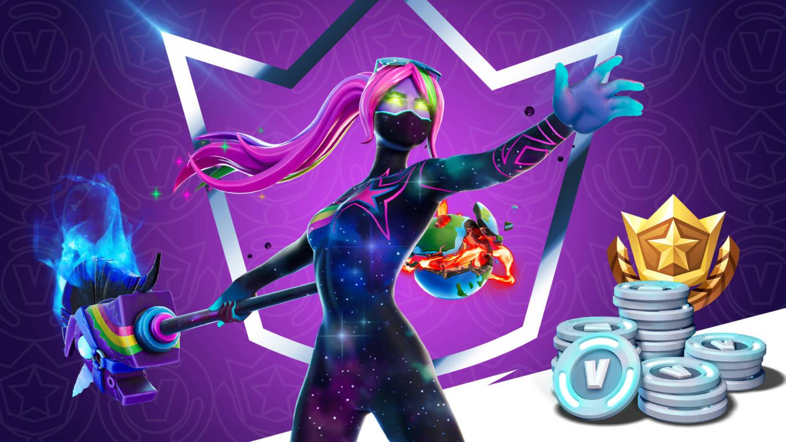fortnite crew skin standing next to a pile of v bucks.