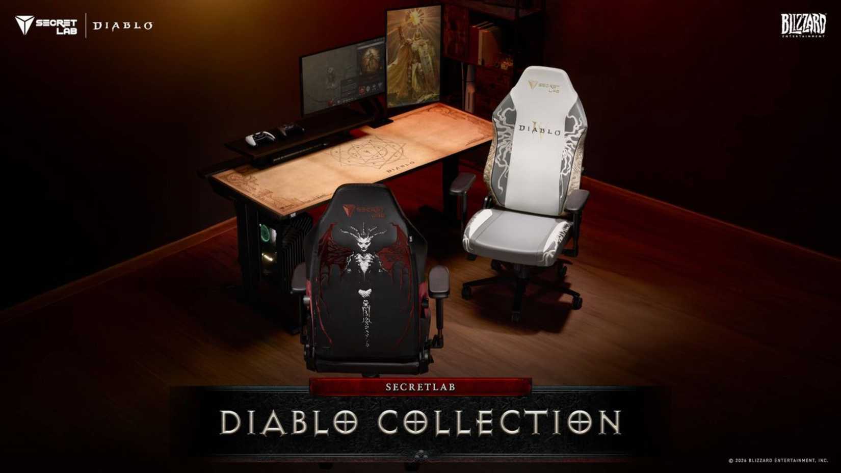 secretlab diablo gaming chairs and matching desk.