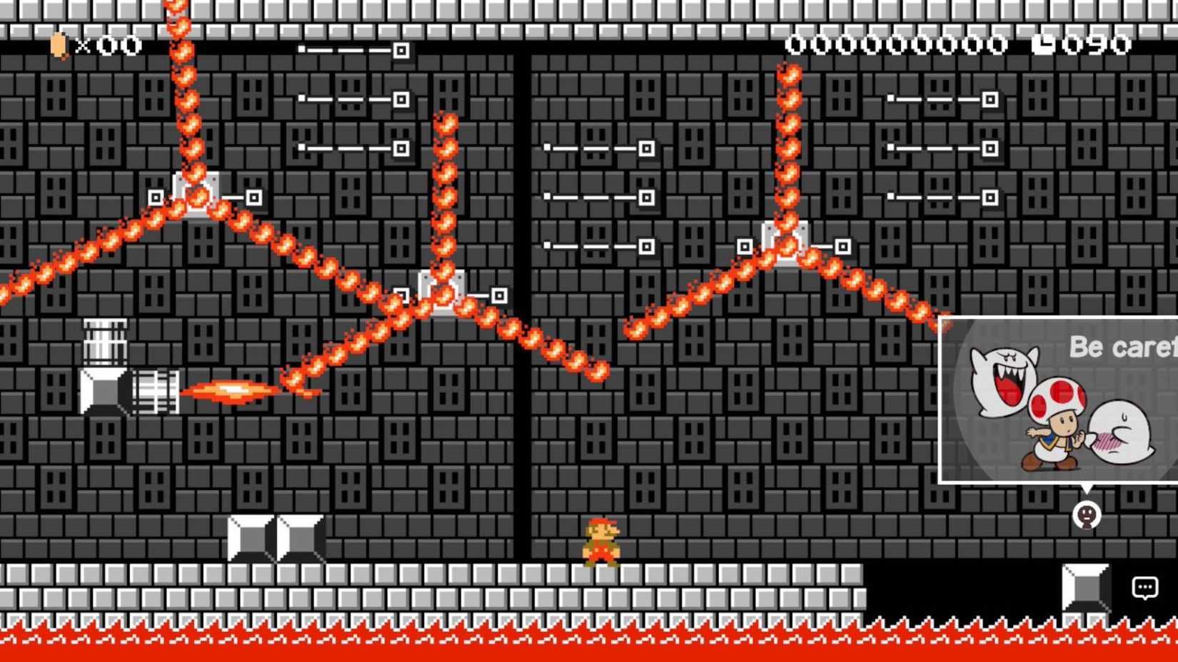 mario surrounded by fire in super mario maker 2.