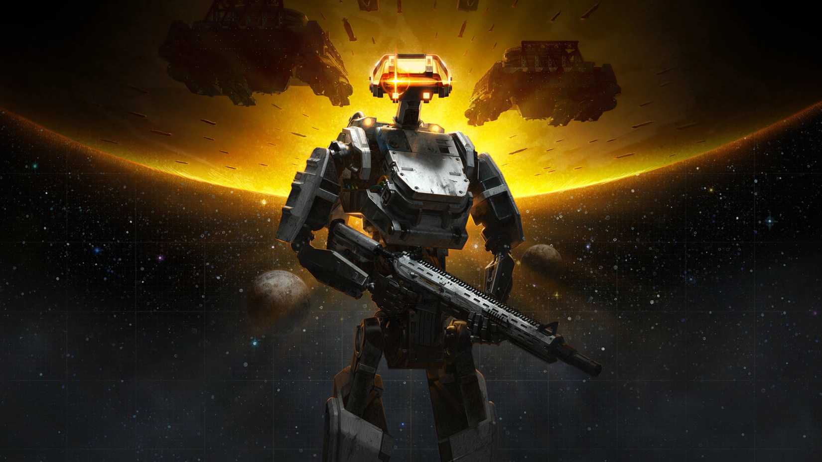 robot from starfield with bright yellow light behind it.