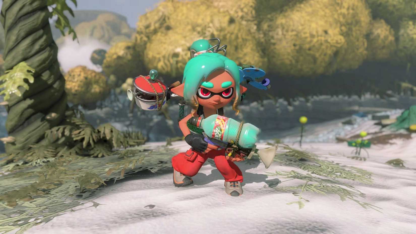 A character holding a gun in Splatoon Raiders.