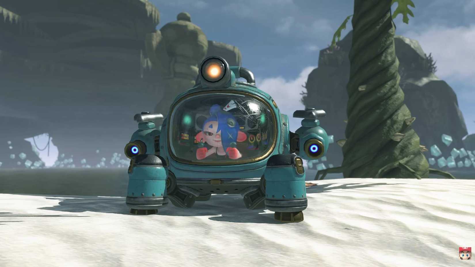 A Splatoon Raiders character riding a submarine.