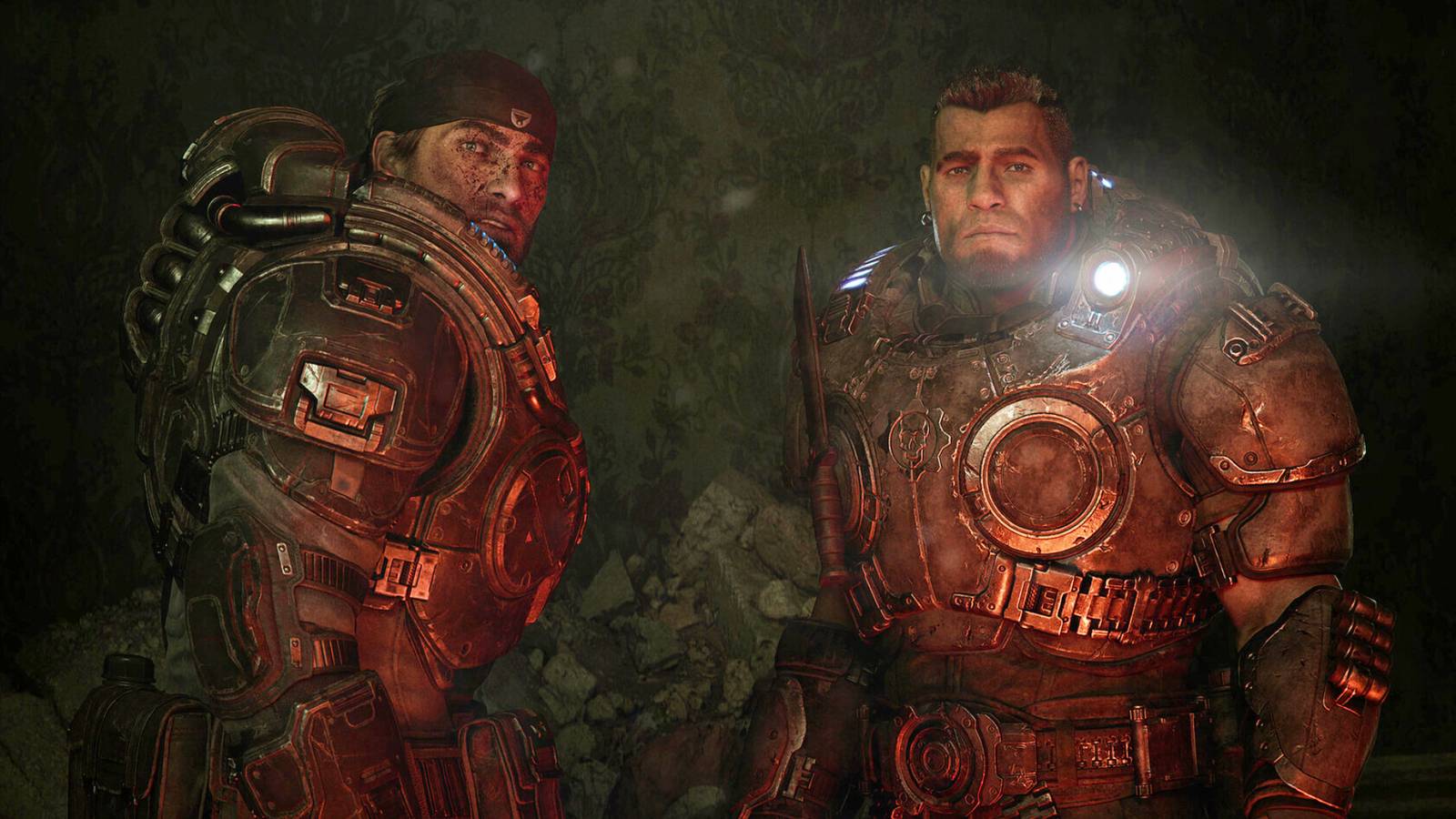 Dom and Marcus in a dark room in Gears of War E-Day