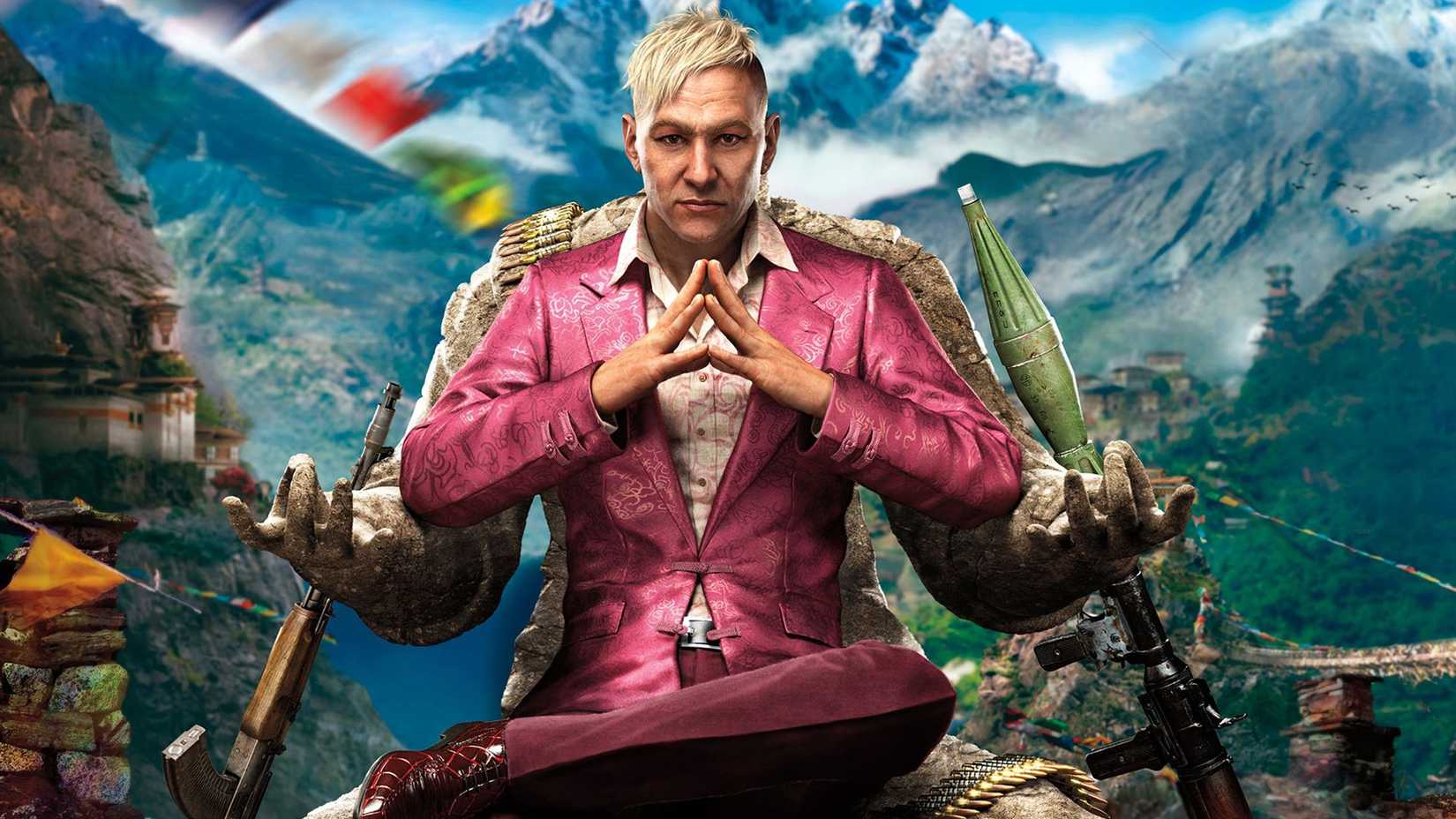 Pagan Min sitting on a statue in Far Cry 4 key art.
