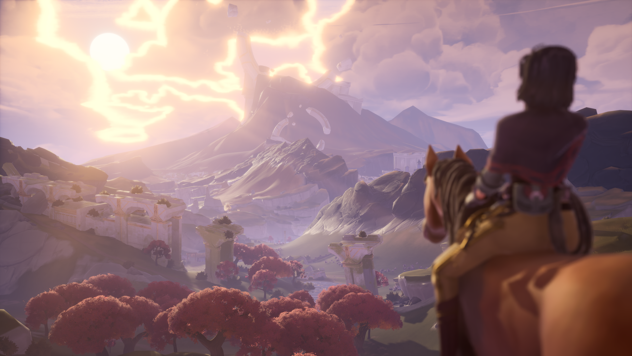 Overview of the Palia Royal Highlands with a figure on horseback.
