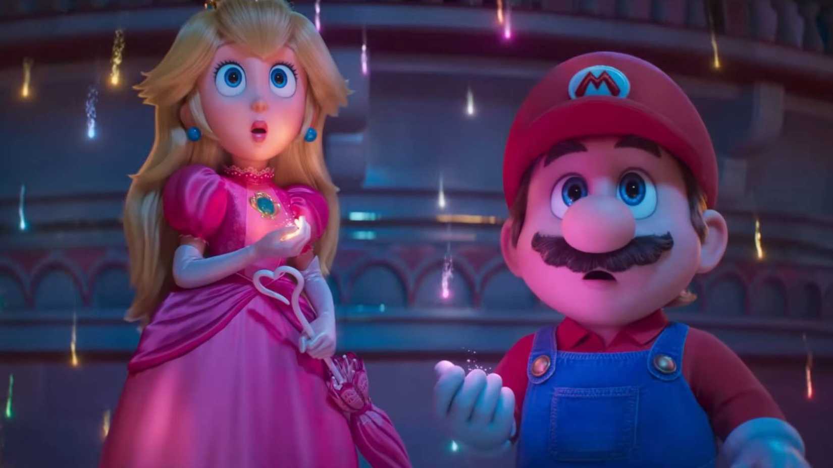 Peach and Mario catching star dust in The Super Mario Galaxy Movie.