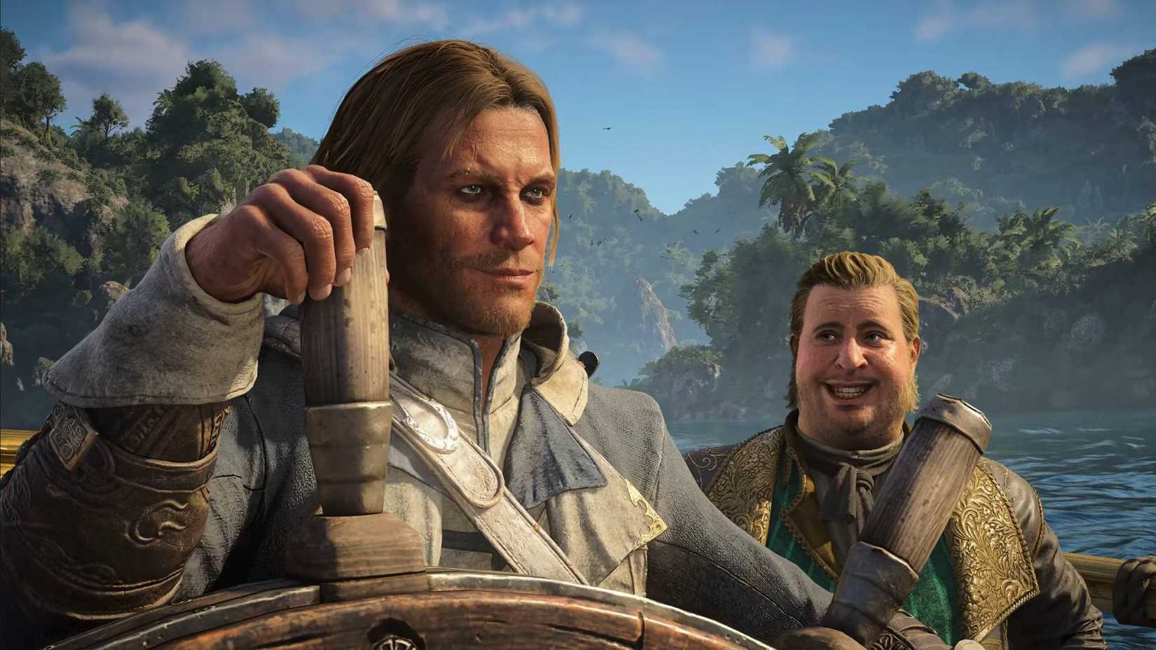 In Assassin's Creed Black Flag Resynced, Edward Kenway is controlling Jackday while someone is looking at him with a smiling face.