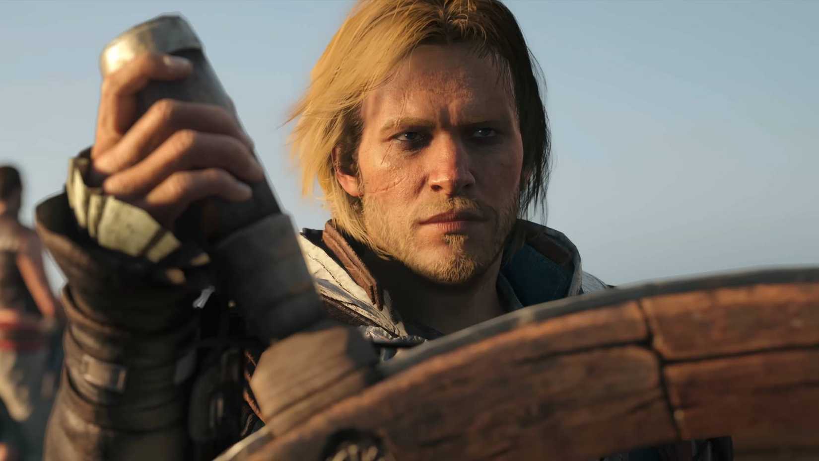 Edward Kenway at the wheel of the Jackdaw in Assassin's Creed Black Flag Resynced.