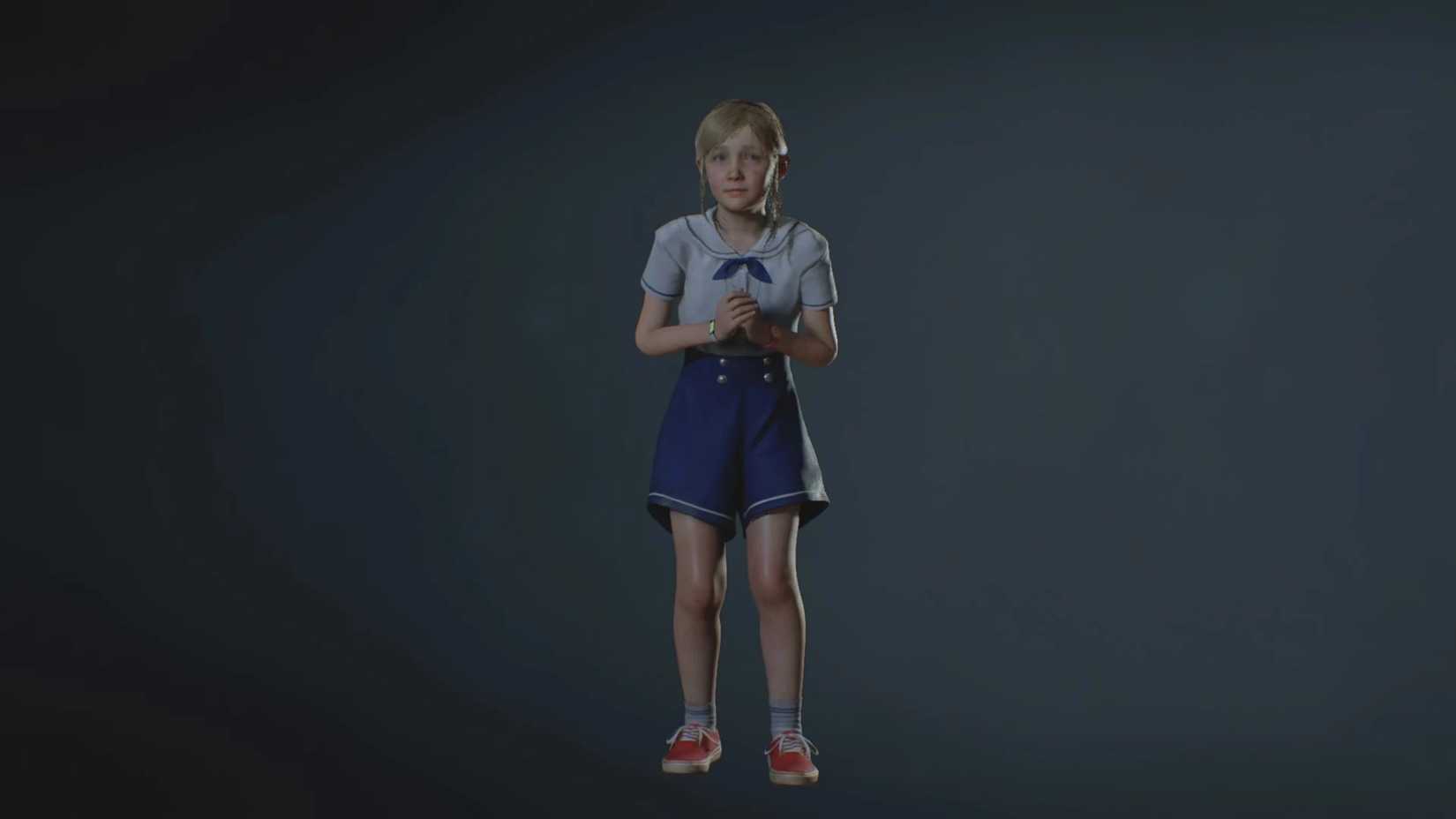 Sherry Birkin in her classic school uniform in the model menu in Resident Evil 2.