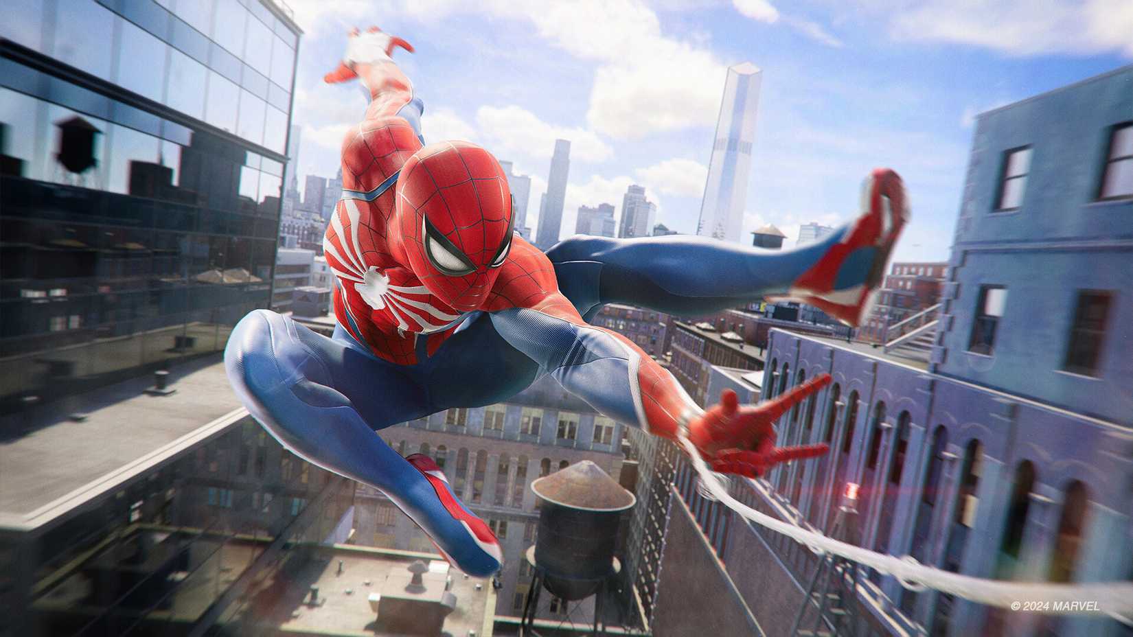 Spider-Man shooting his web while swinging between buildings in Marvel's Spider-Man 2.