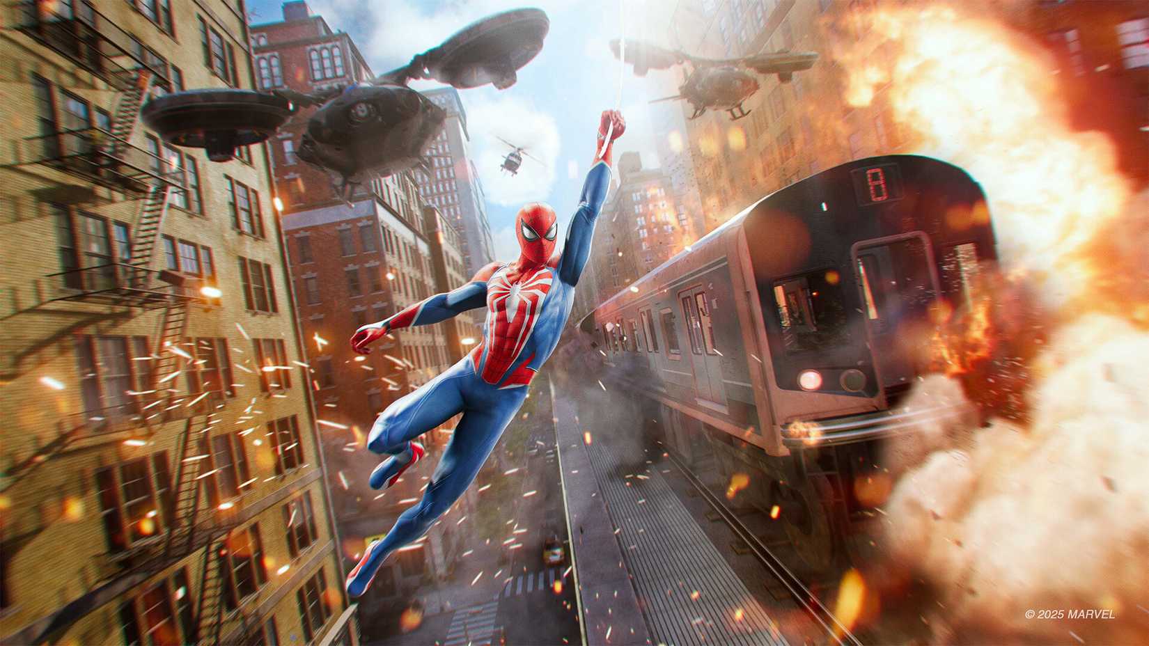 Spider Man swinging after a train while being chased by drones in Marvel's Spider-Man 2.