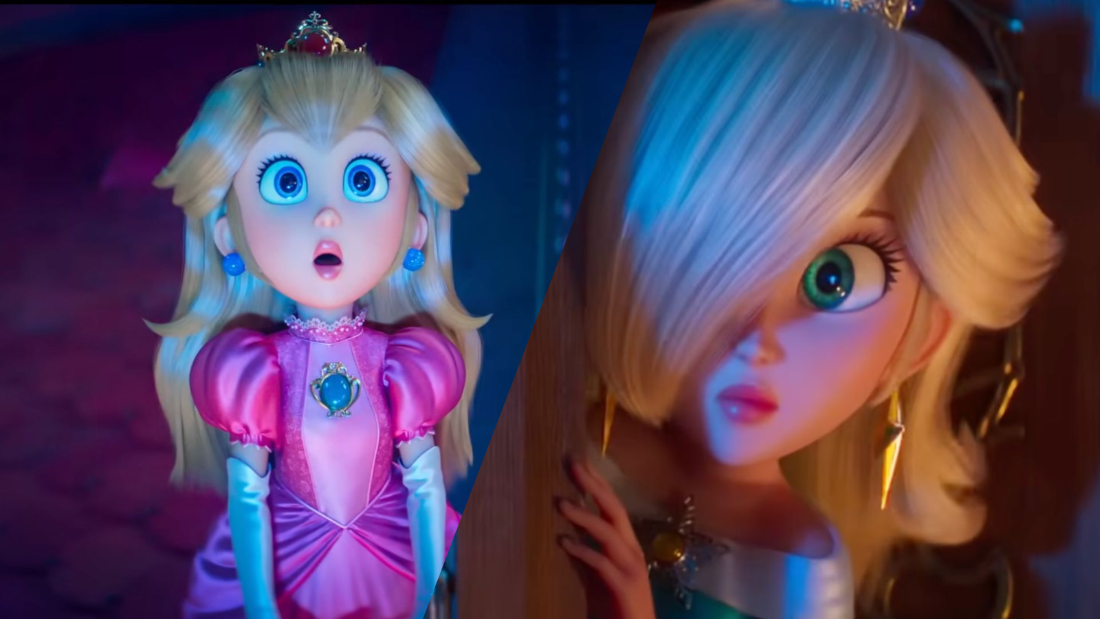 Peach and Rosalina from The Super Mario Galaxy Movie next to each other.