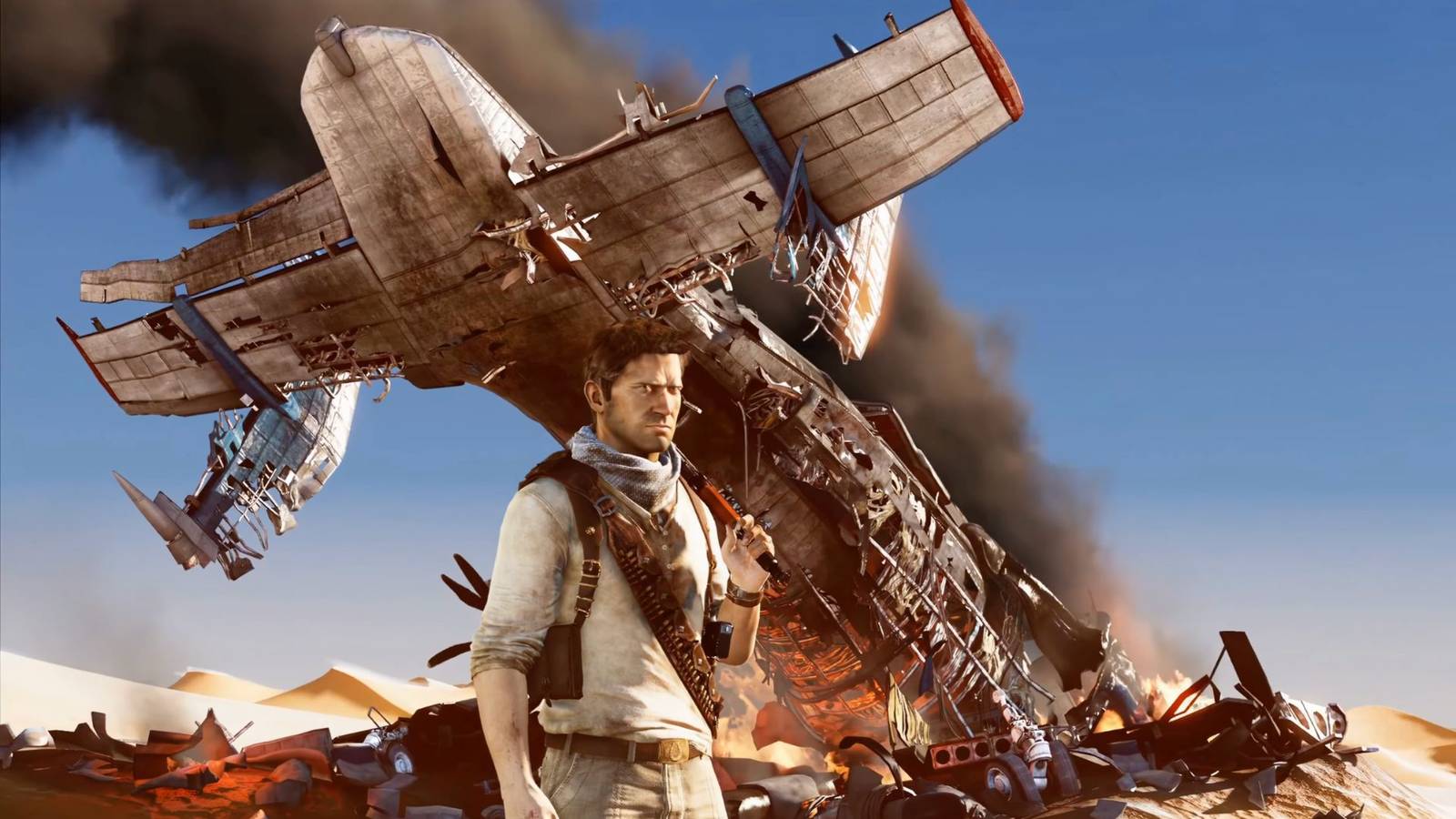 Nathan Drake next to a plane in Uncharted 3: Drake's Deception.