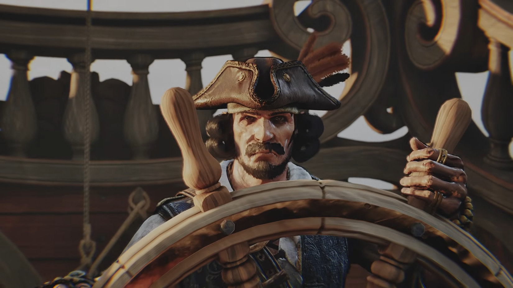 A pirate at the wheel of a ship in Windrose.
