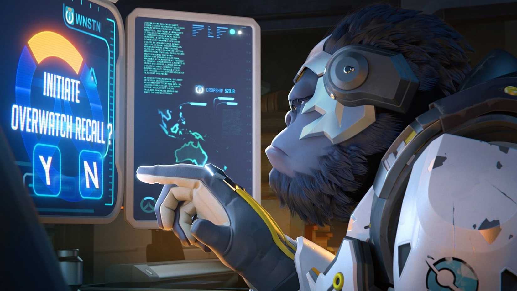 Winston looking at the screen in Overwatch.