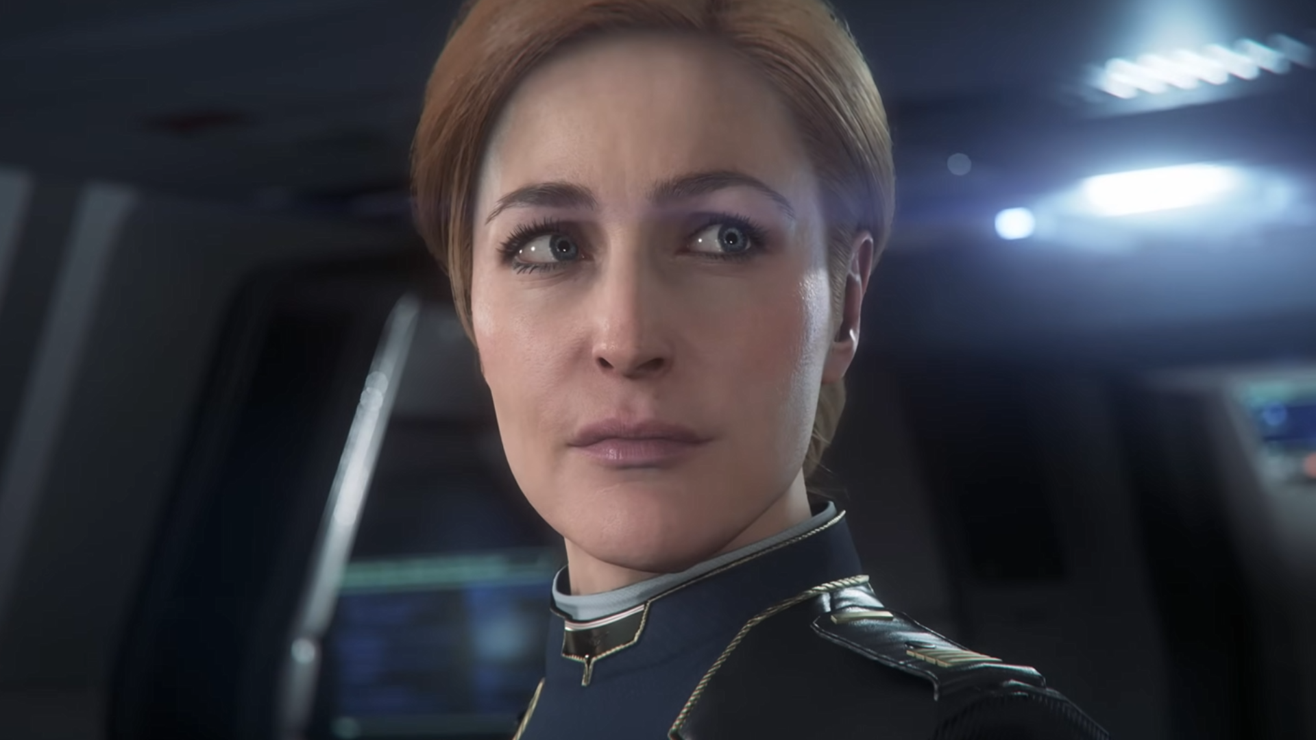A close up of Gillian Anderson in Squadron 42.