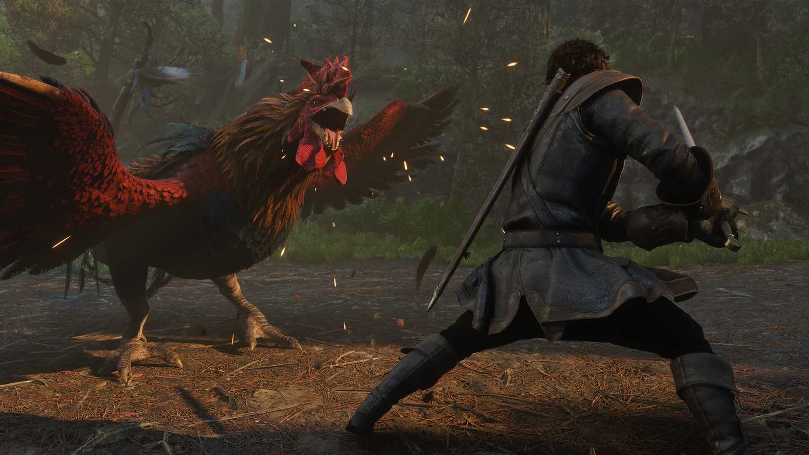 Fable screenshot showing a hero fighting a giant chicken.