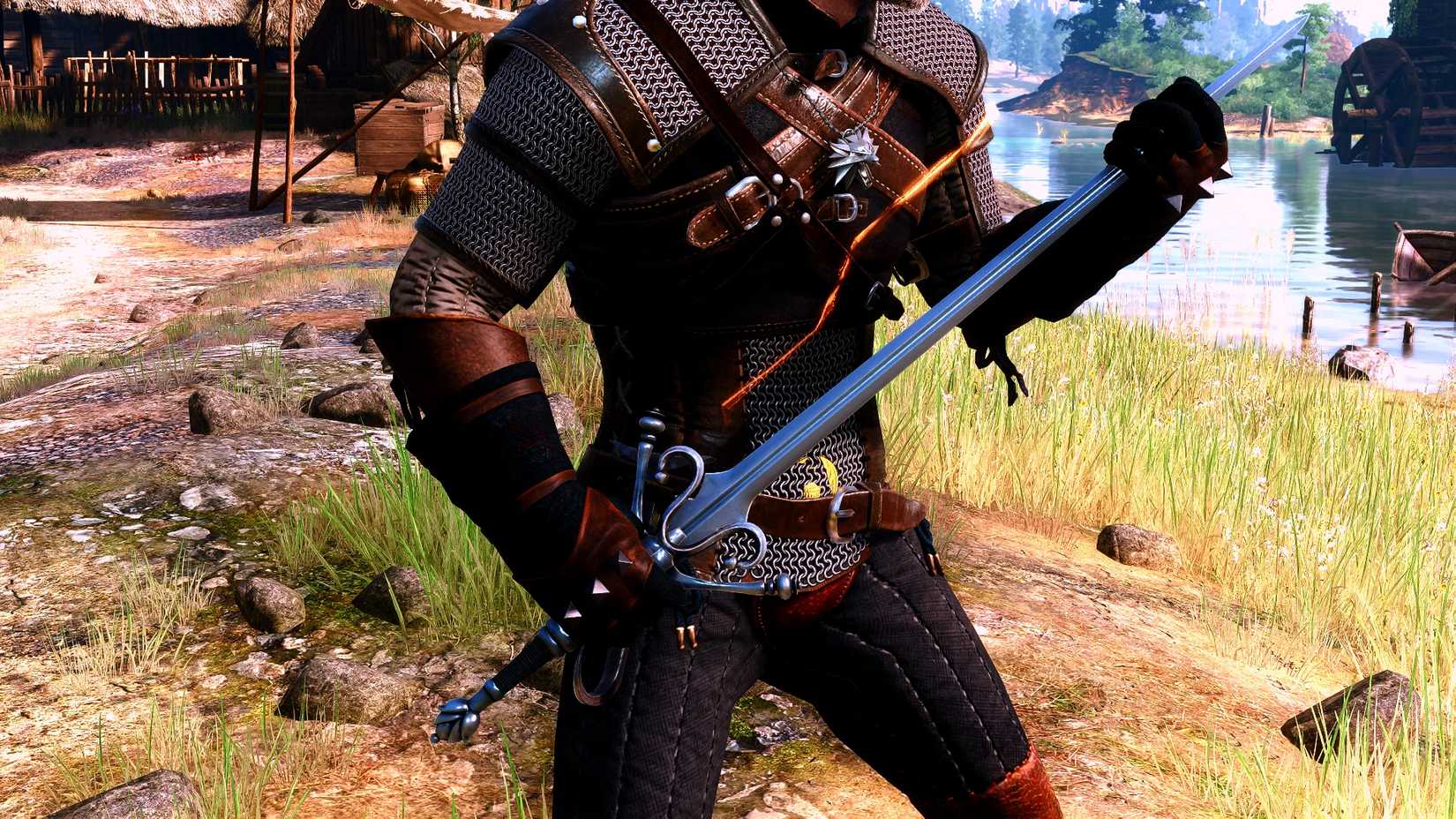 Geralt holds the Songs of the Past sword in The Witcher 3.