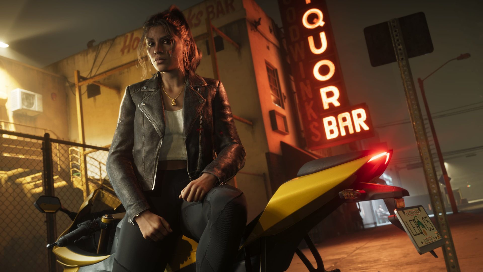 Lucia sitting on a bike in Grand Theft Auto 6.