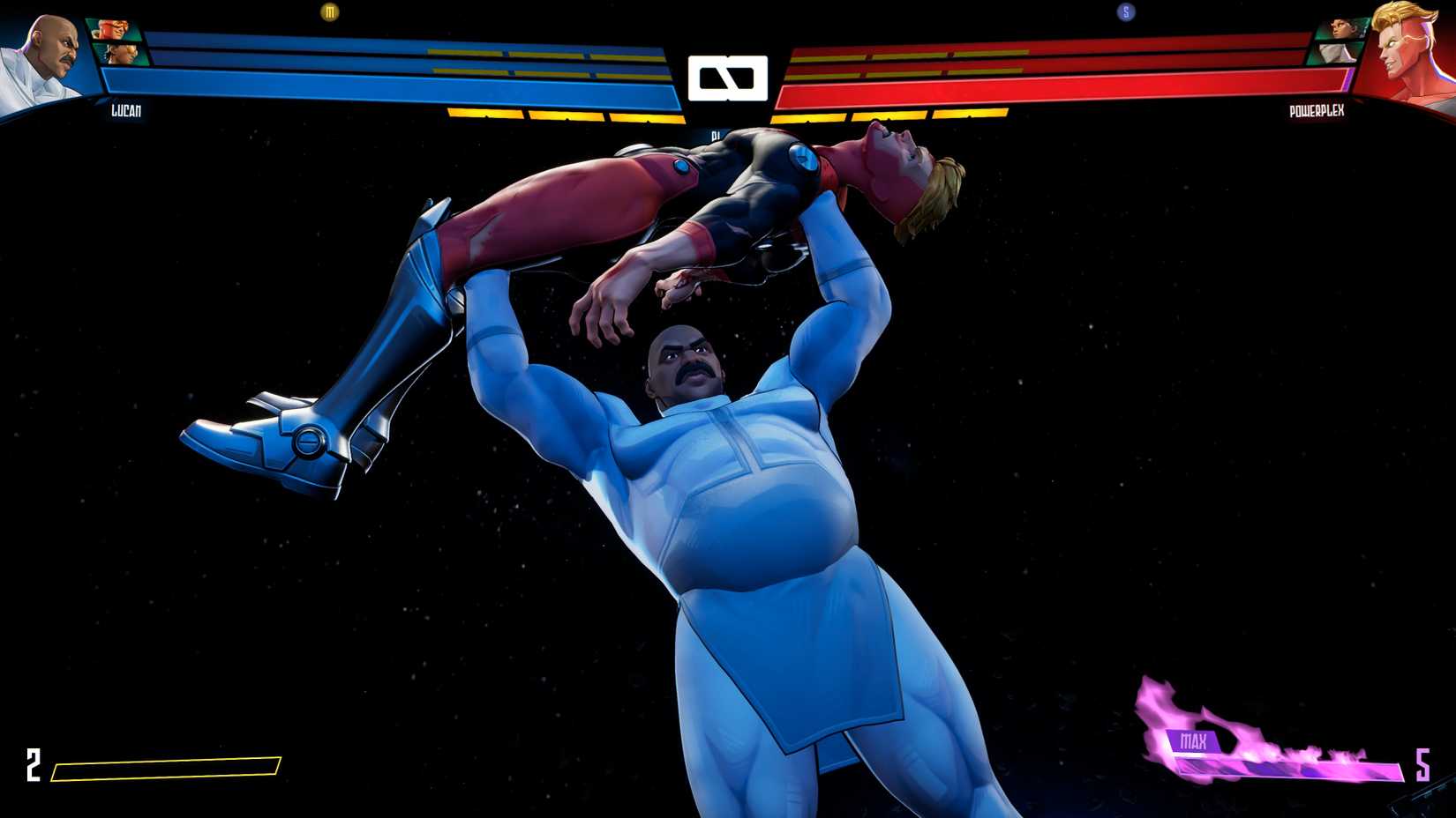 Lucan holding a Powerplex high above his head in Invincible VS.