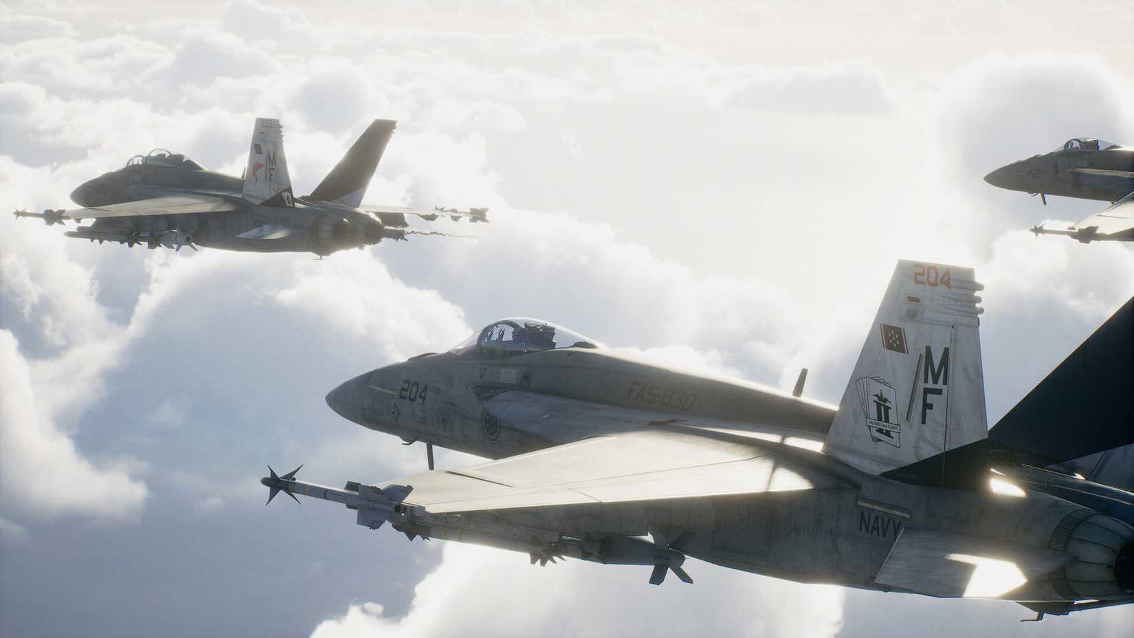 Jet fighters flying above the clouds in Ace Combat 8.