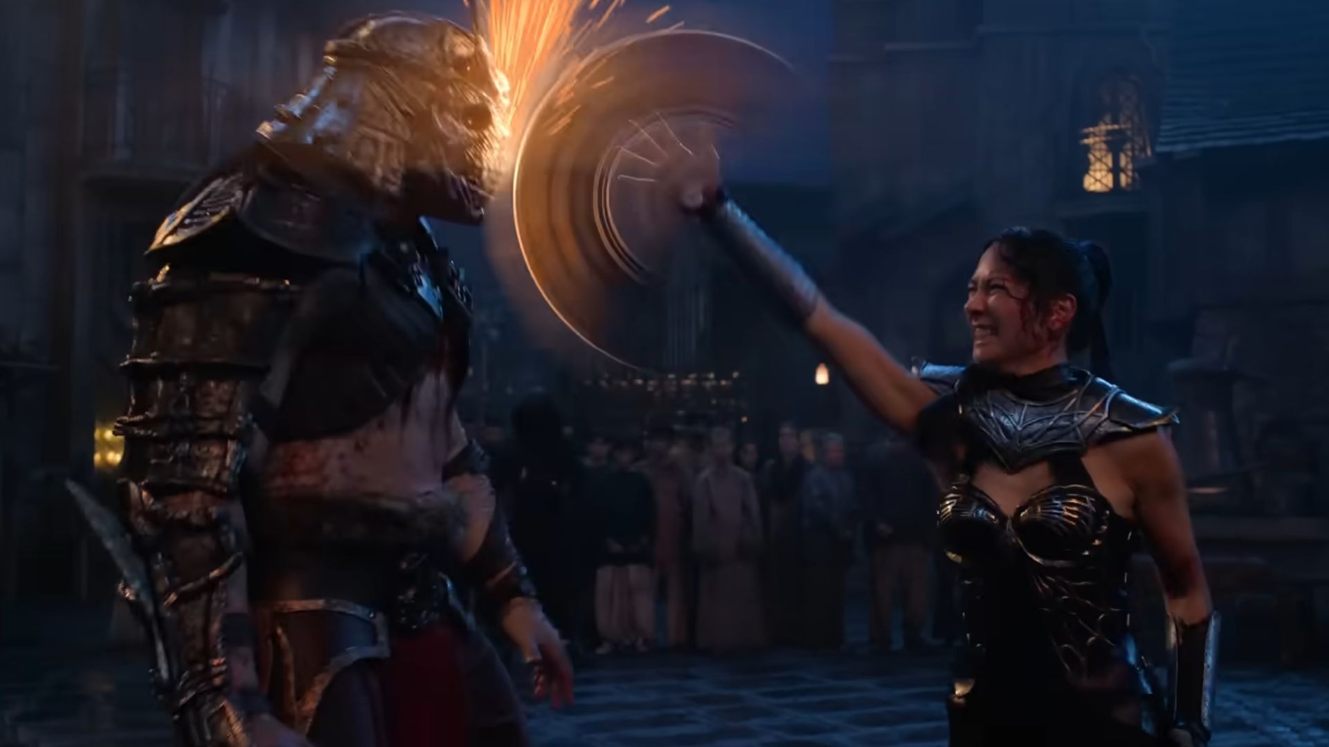 Kitana atacando Shao Kahn em Mortal Kombat 2