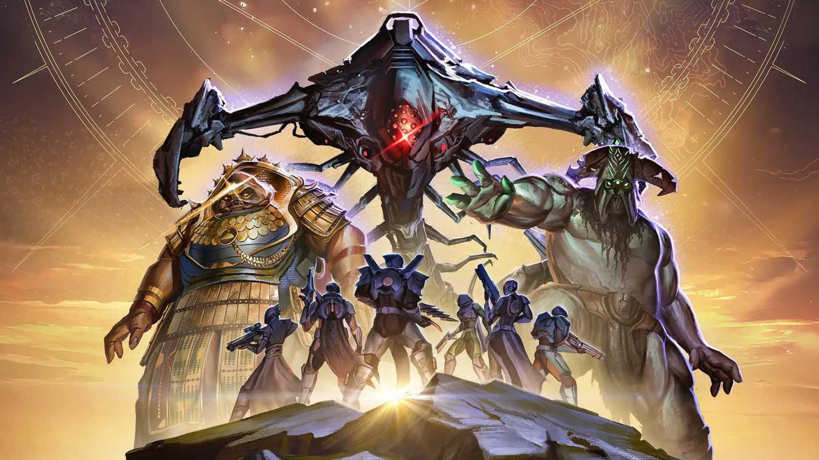 Destiny 2 characters holding weapons with aliens and villains towering over them.