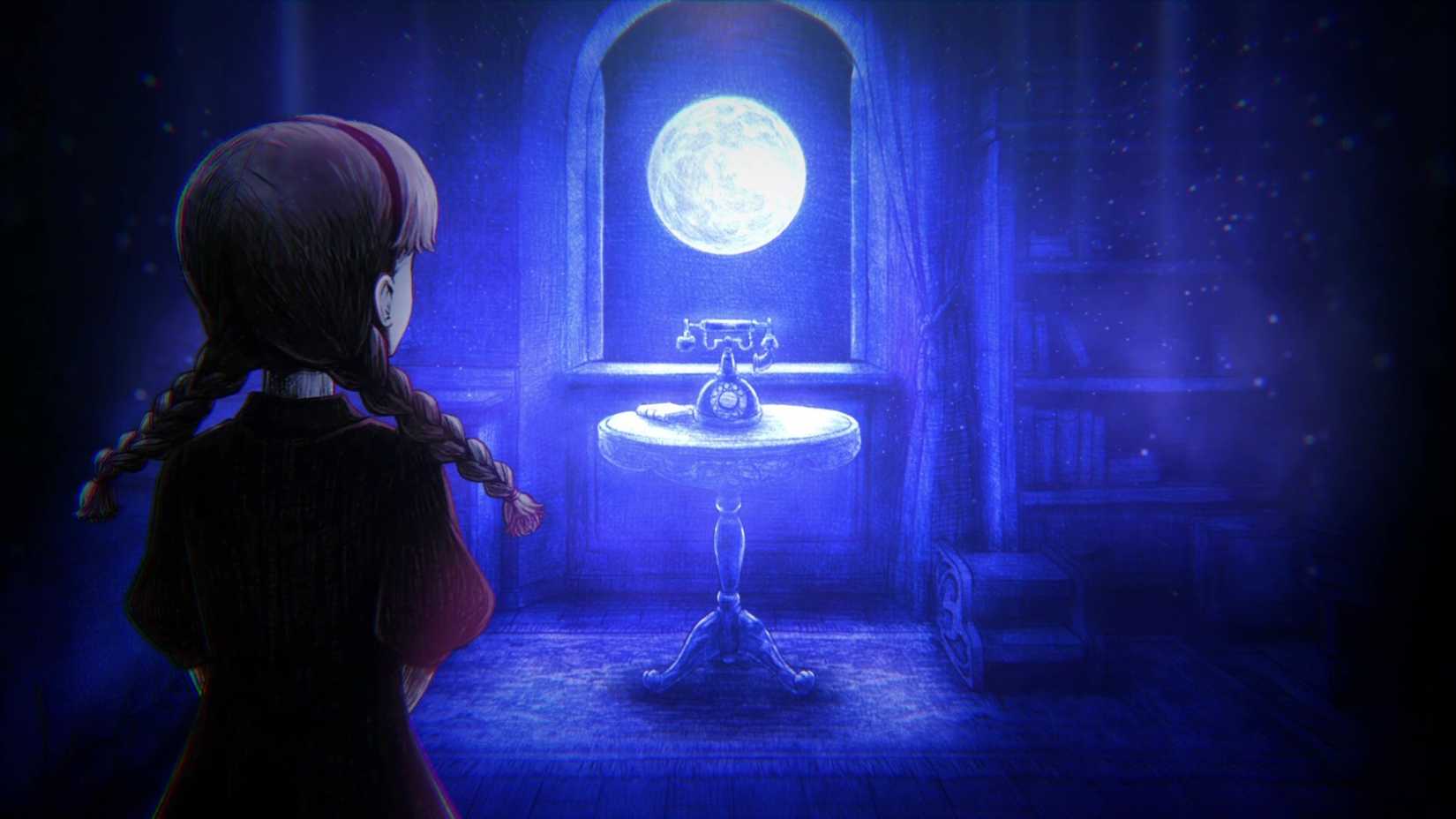 Mary looks at the moon shining on the phone while receiving a call from Schrödinger.