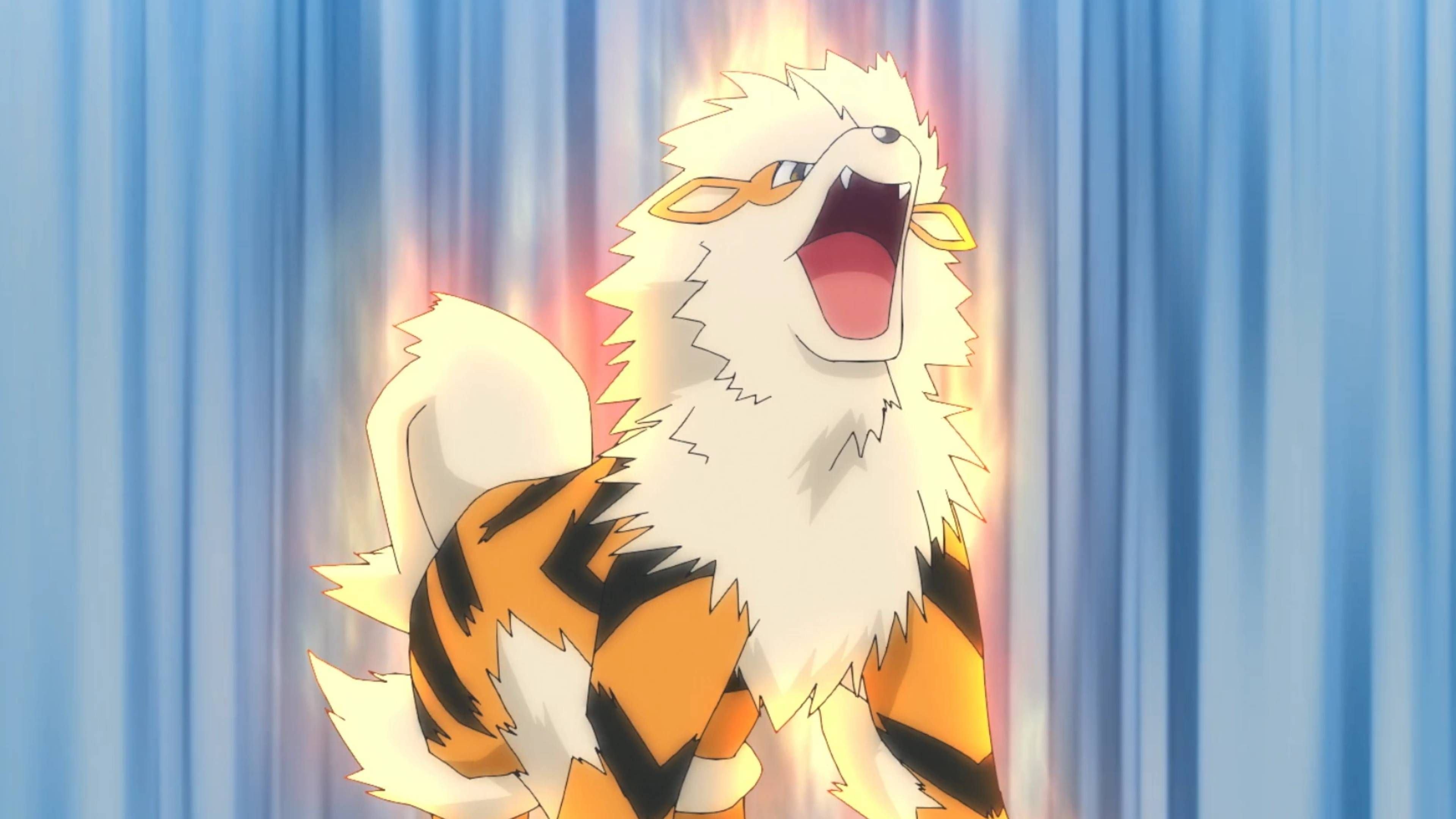 arcanine shouting and glowing.