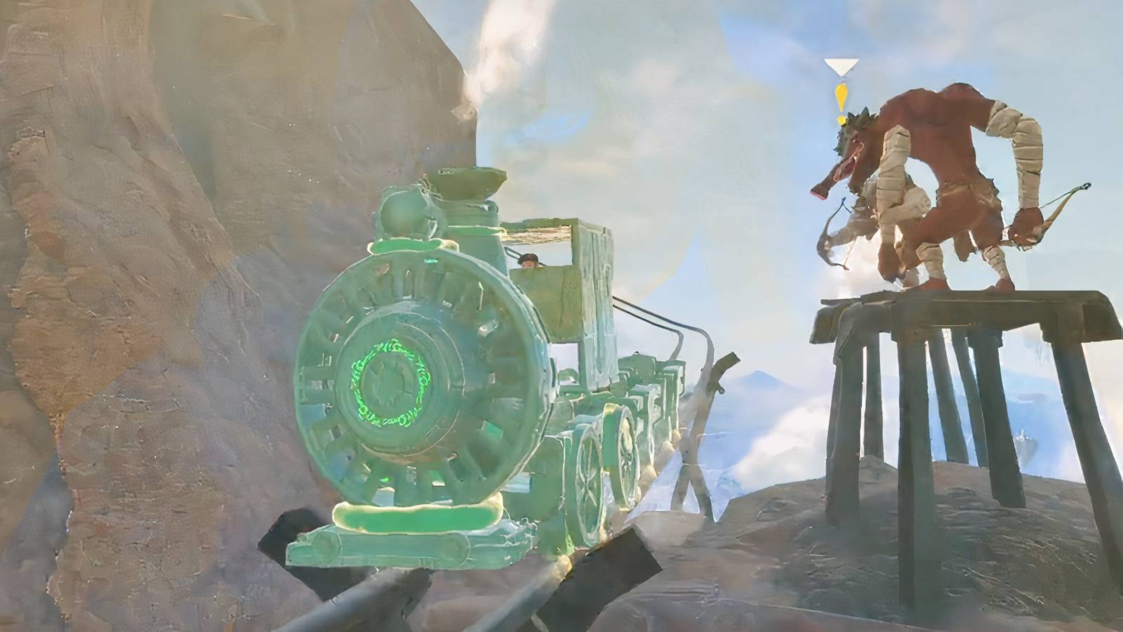 A train rolls past moblins in The Legend of Zelda: Tears of the Kingdom.